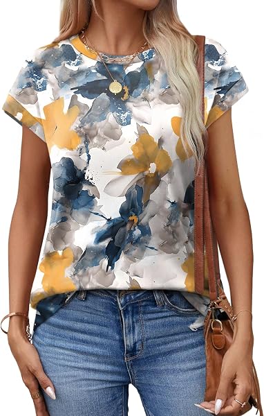 A stylish Aokosor floral print short-sleeve tunic blouse.