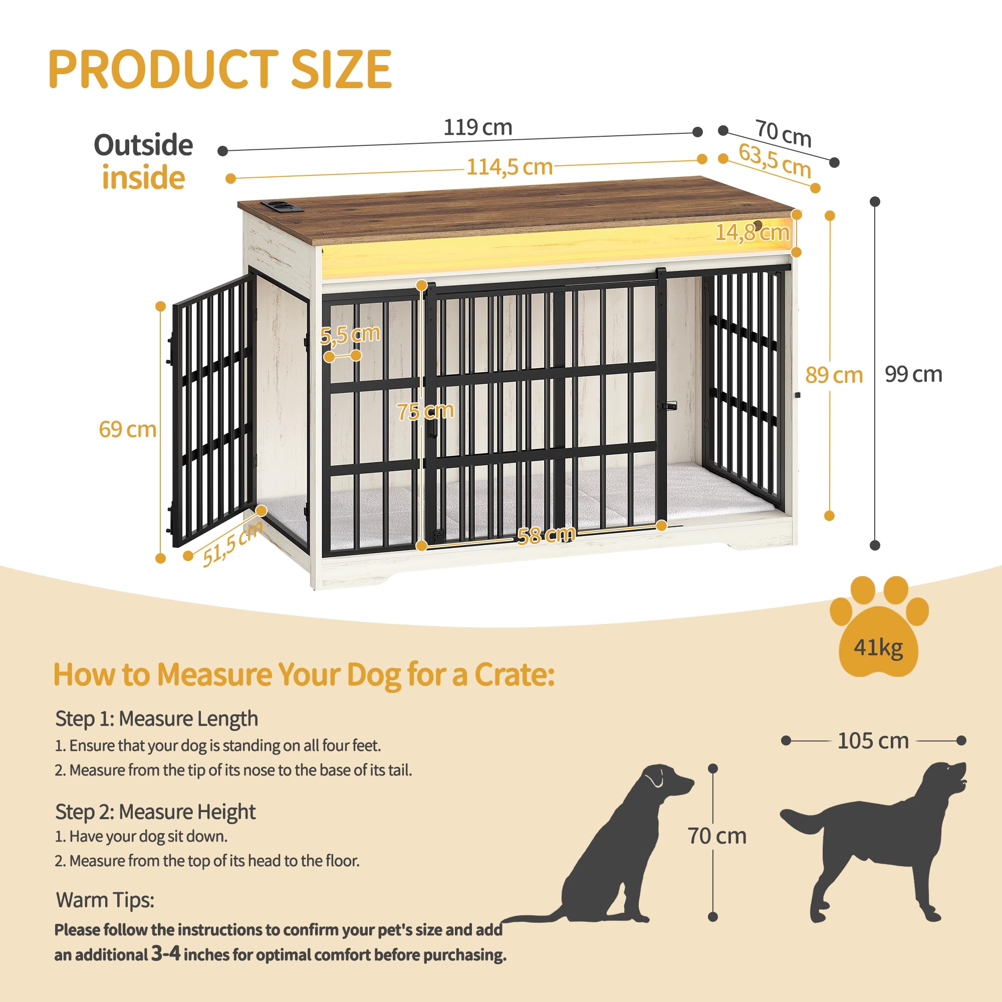 Hzuaneri Jaula Mueble Perro con Luces RGB & Regleta, 119 cm Caseta Interior de Madera Puerta Corredera para Perros Medianos Grandes, Jaula para Perros XXL, 119 × 70 × 99 cm, Blanco Marrón DFC90914BEU | Caja para perros para perros medianos y grandes, XXL