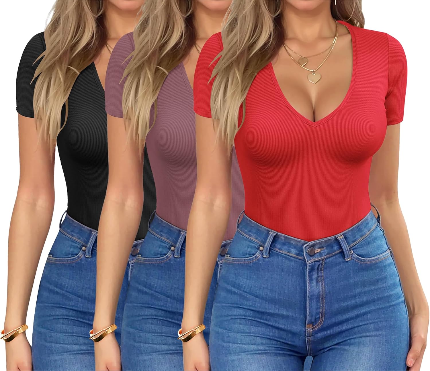 HOTOUCH Deep V Neck Tops for Women Sexy Low Cut Summer Ribbed Knit T Shirts Slim Fit Stretchy Basic Fashion Tee