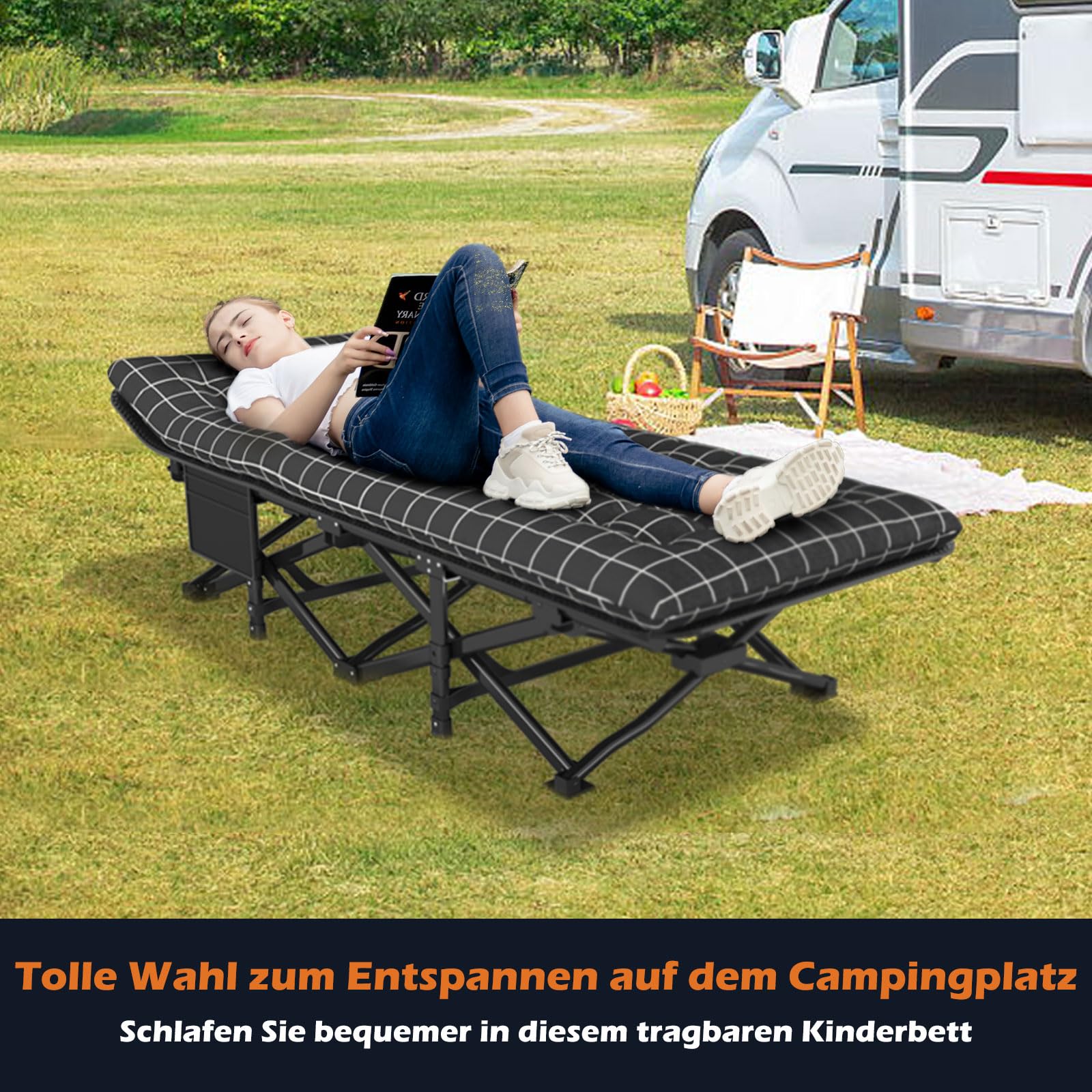ATORPOK SHOP Campingbett feldbett klappbar, Faltbar Gästebett bis 200 kg für,Klappbett mit Seitentasche, tragbares Campingliege，Outdoor, Garten, Camping, Reisen, Indoor
