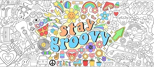 Dvbonike Póster para colorear Jumbo Stay Groovy, retro, hippie, bohemio, patrones de dibujo, papel en blanco, decoración de 55.1 x 23.6 pulgadas,