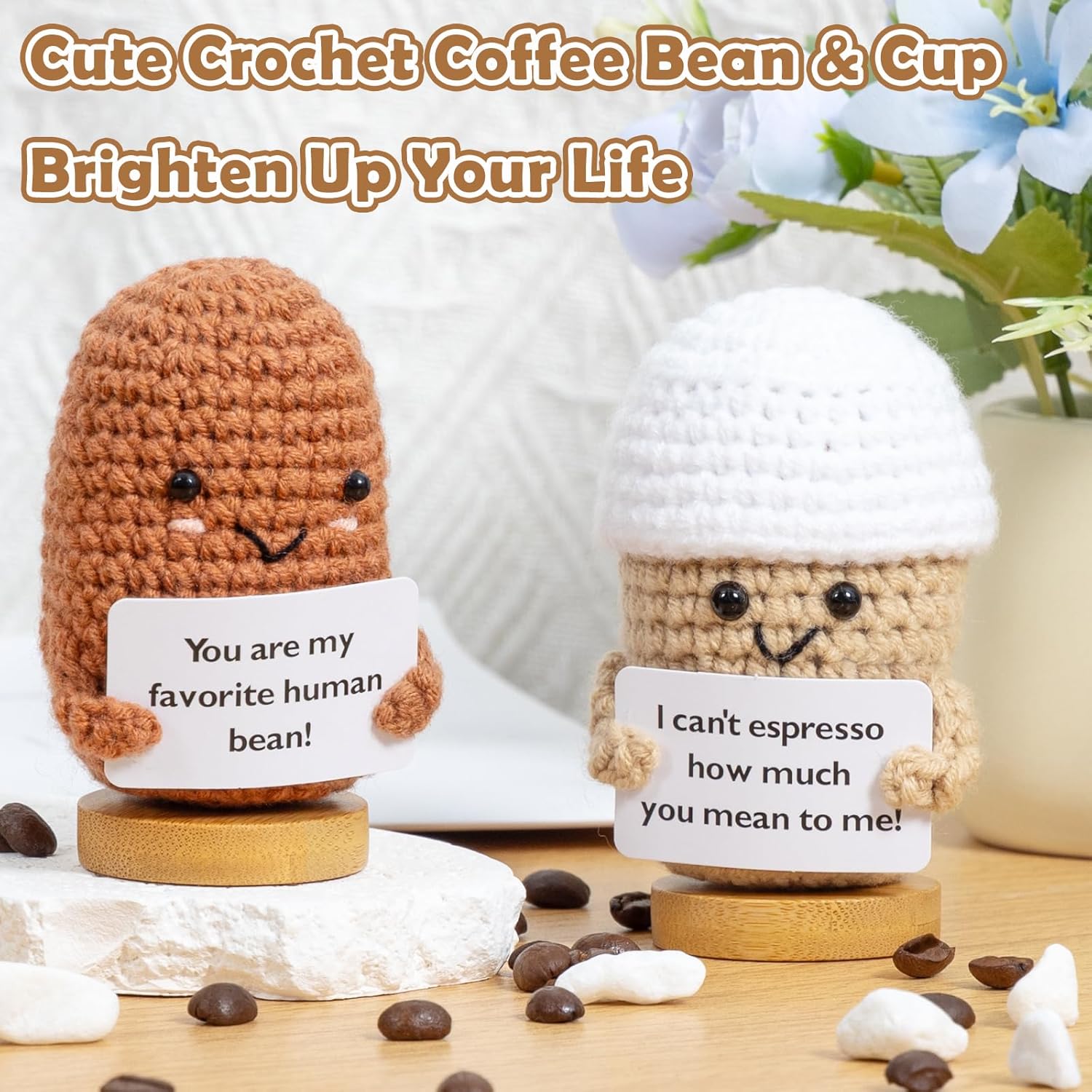2 Pcs Coffee Gifts Mini Emotional Support Crochet Coffee Bean Set - Espresso Love And Favorite Human Bean, Cool Emotional Support Plush Gift for Latte Lover, Crochet Office Decor for Women Men - Image 4