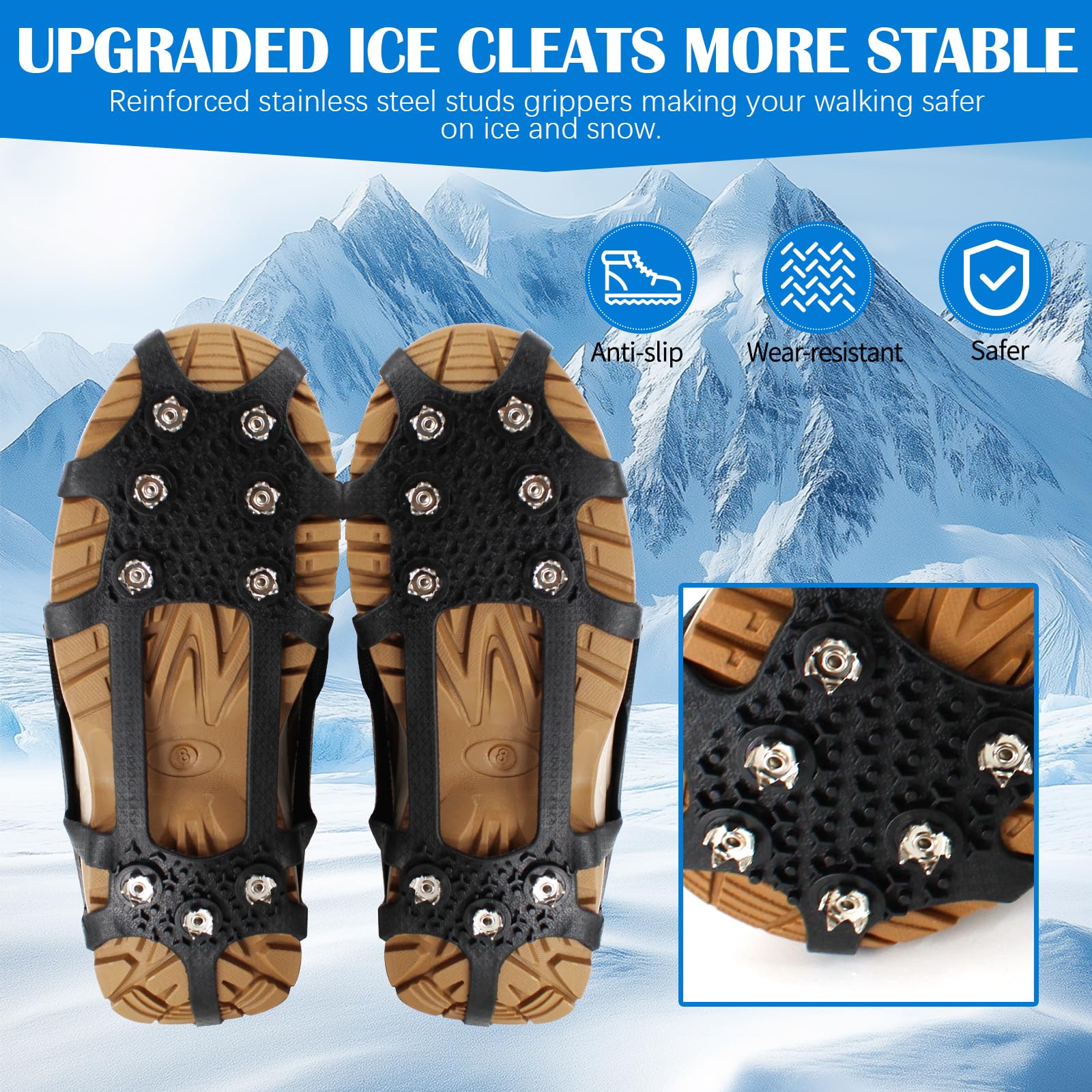 UNITACKLE Ice Cleats for Shoes and Boots, Anti Slip Crampons with 9 Steel Gripper Spike, Portable Ice Snow Traction Cleats Grippers for Snow Ice