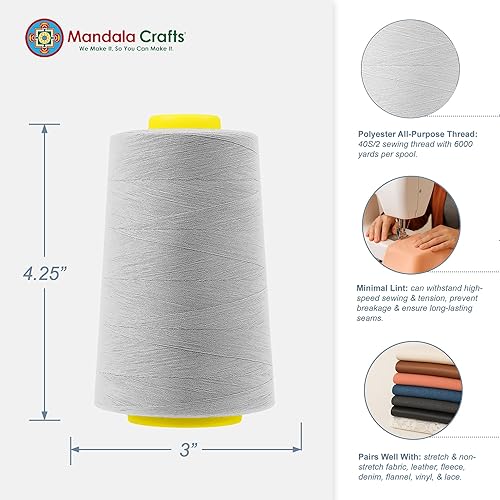 Vista 384 de Mandala Crafts - Hilo de coser multiusos de poliéster para máquina de coser de sarga, sobrehilado, acolchado Beige