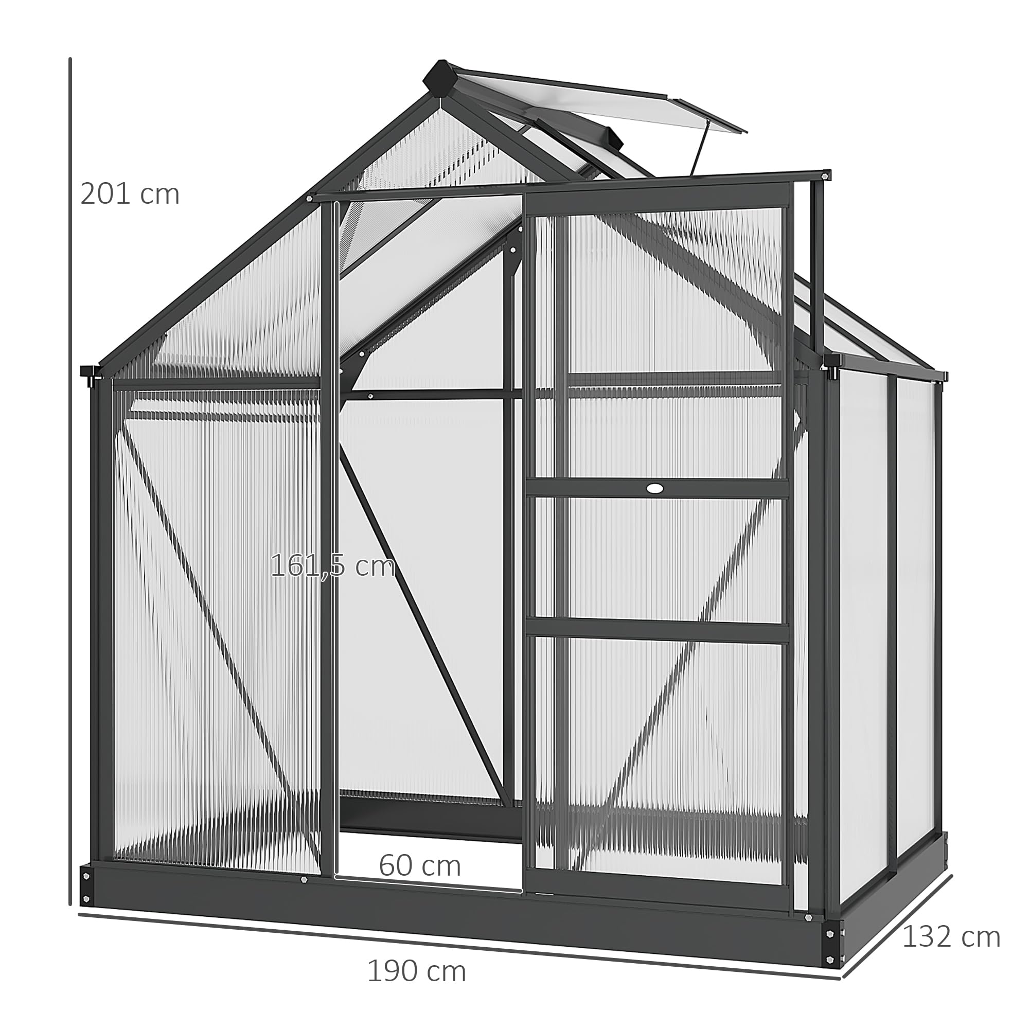Outsunny Invernadero de jardín en policarbonato 2,51 m² Invernadero de jardín de aluminio resistente a los rayos UV 190 x 132 x 201 cm, con base reforzada, canalón, lucernario y puerta corredera, Gris