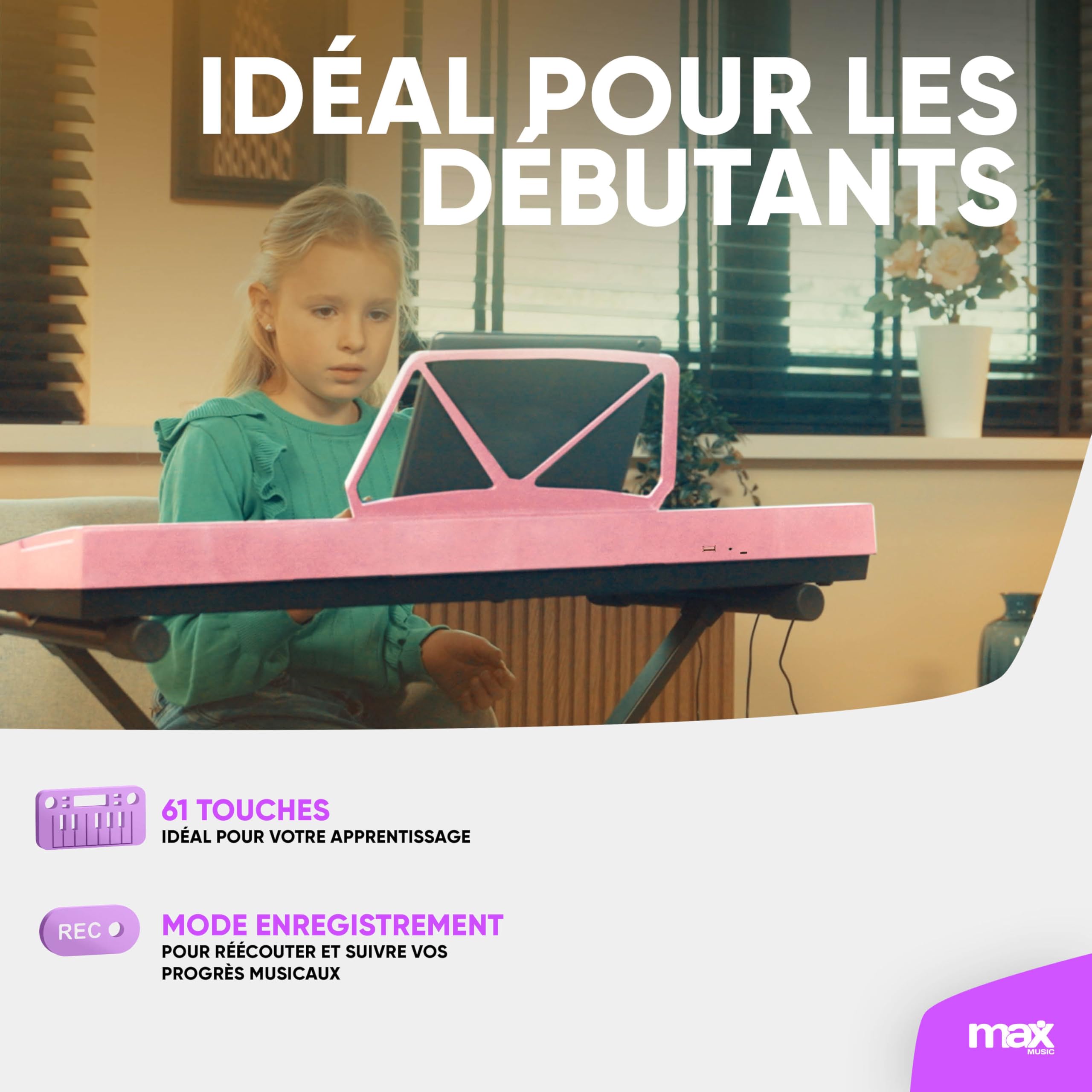 Pack MAX KD61P - Clavier/Piano 61 Touches avec Support | Piano Électronique Portable Débutant - Rose