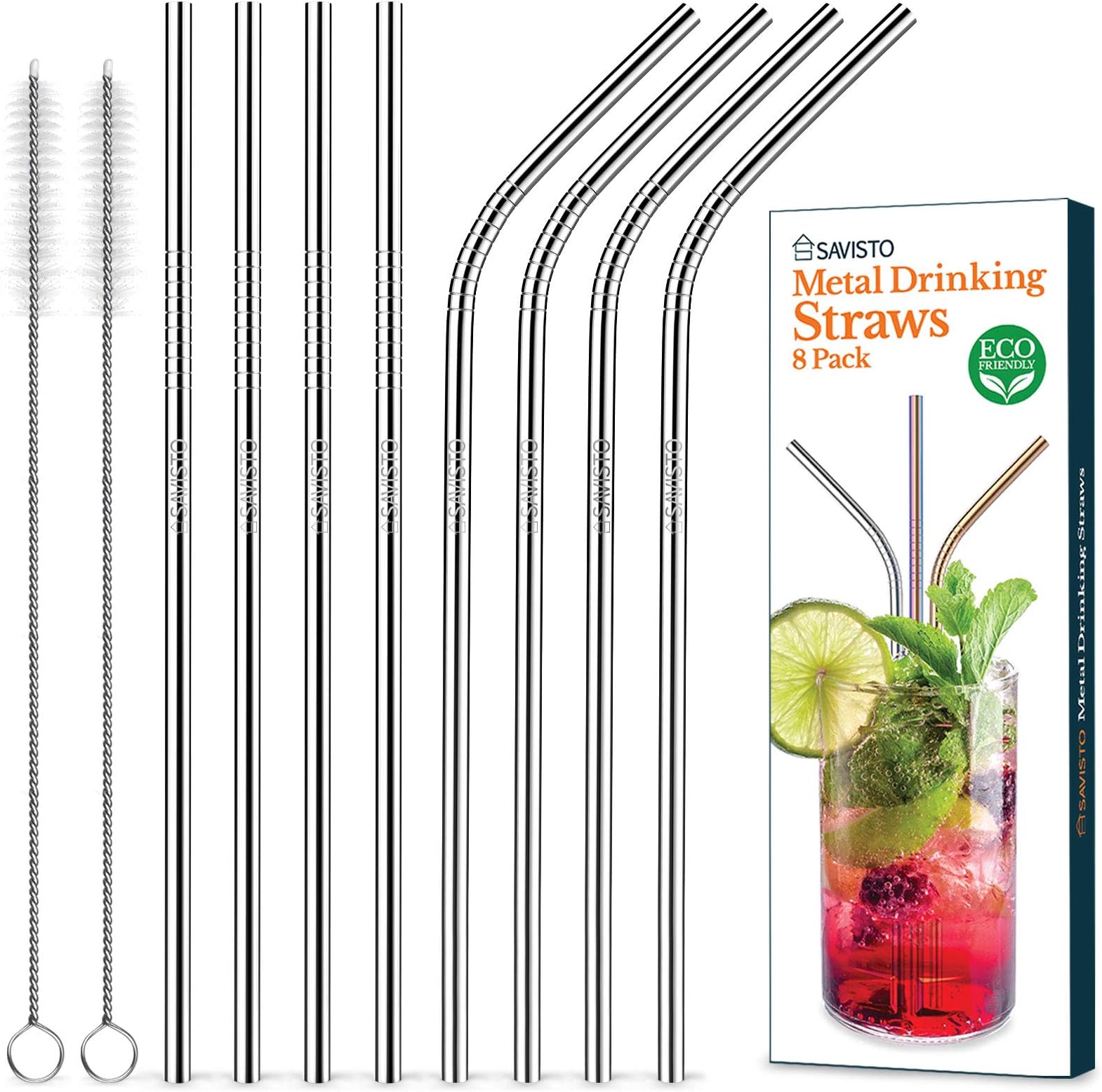 Savisto Reusable Straw Set (8 Pack) Eco Friendly, BPA-Free Metal Straw Pack, Includes 4x Straight & 4x Angled Stainless Steel Straws & 2 Cleaning Brushes for Cocktails, Smoothies & More – Silver
