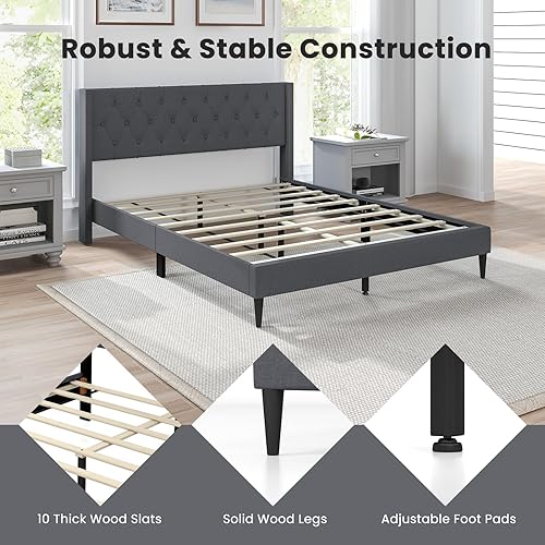 Miniatura 7 de Giantex Base de cama de plataforma tamaño Queen con respaldo de alas, base de cama tapizada de tela con cabecera capitonada con botones y listones