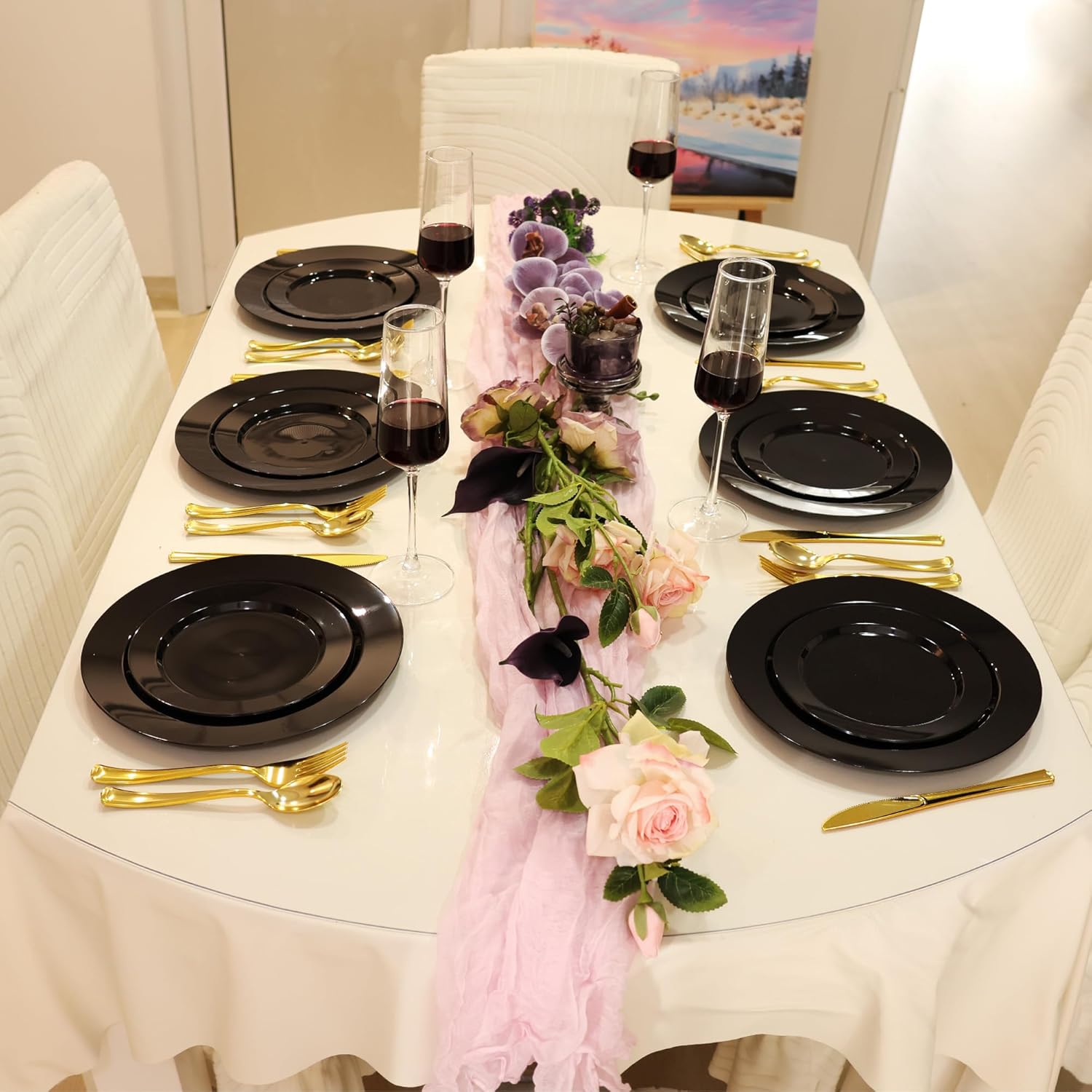 200 PCS Black Plastic Plates, Plastic Black Disposable Plates Include 100 10 inch Dinner Plate and 100 7 inch Dessert Plate Perfect for Party, Wedding