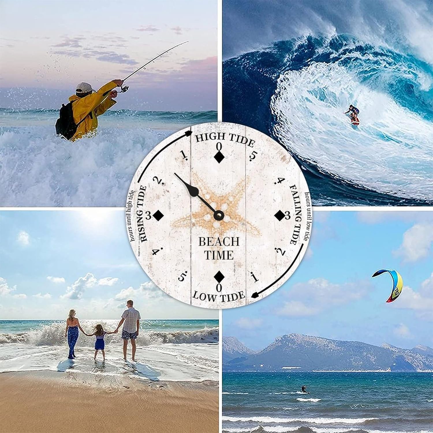 Beach Time Starfish Wood Tidal Clock Ocean Time Maritime Coastal Beach High Tide Low Tide Clock Rustic Wooden Nautical Tide Movement Vintage Decor for Beach House Kitchen Wall Art 15x15 in