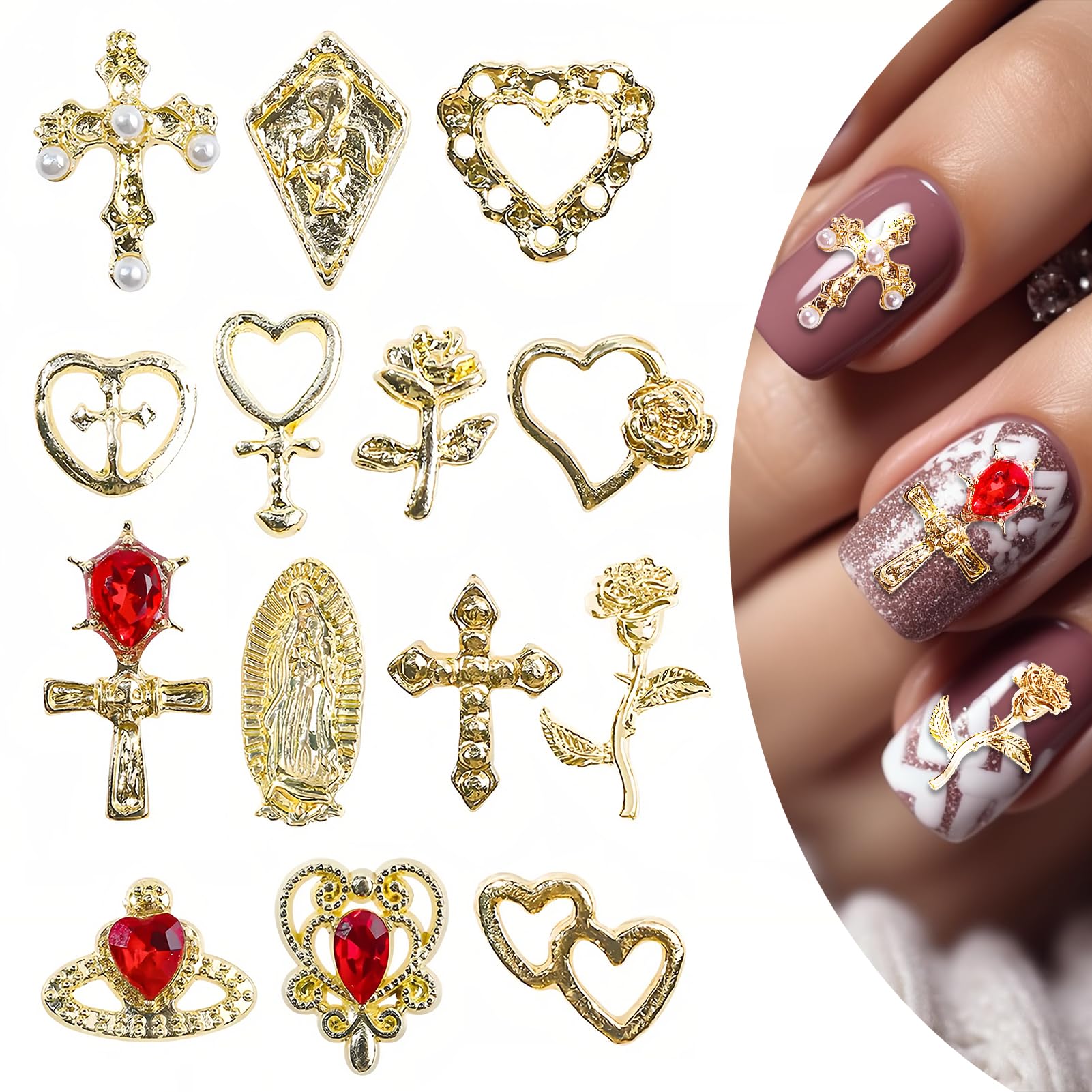 140 Pcs BMYUK Charms Gold 3D Nail Gems Heart Rhinestones Crosses Roses And Women DIY Hand Beauty Creative Nail Designs 14 Styles - Image 2