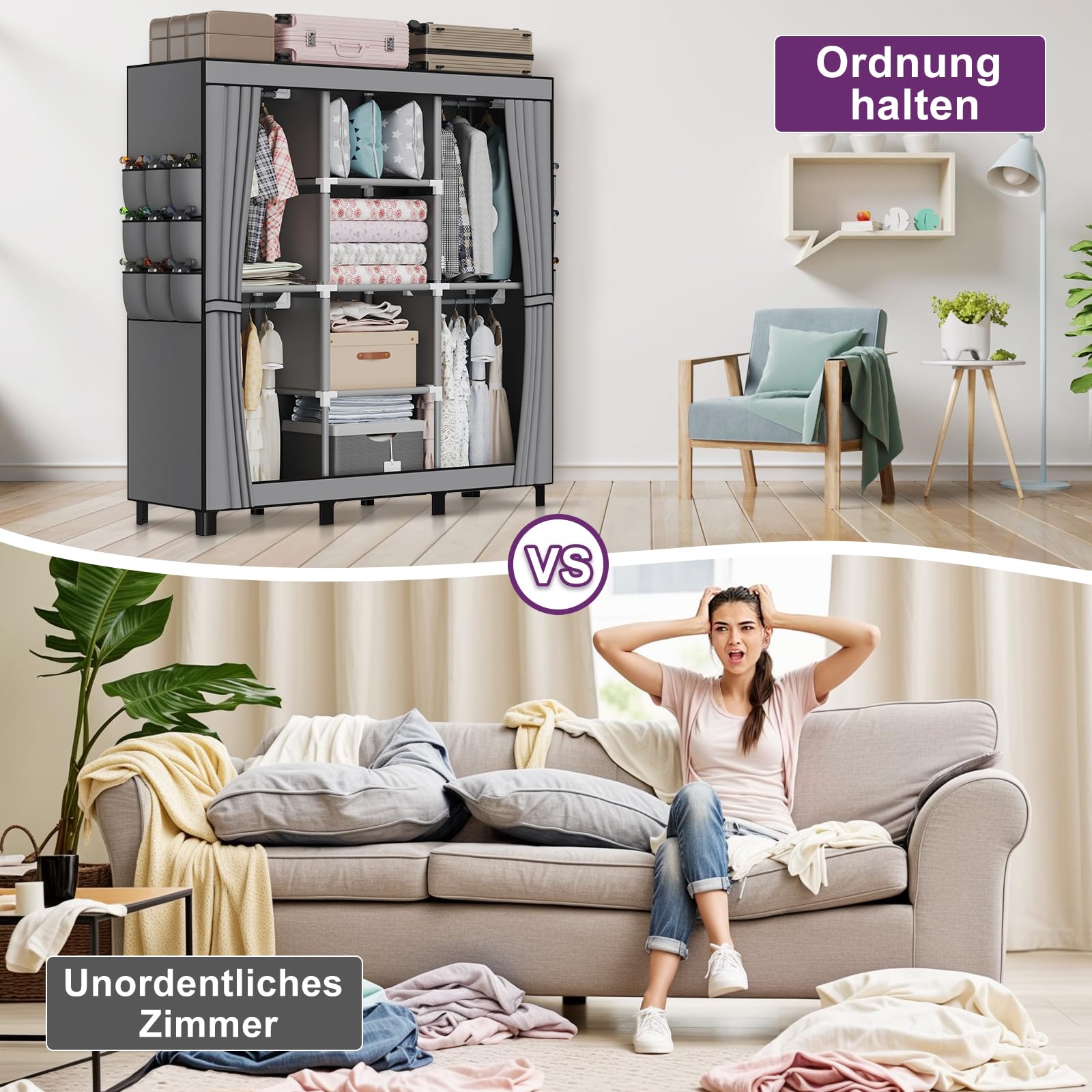 LOEFME Kleiderschrank, Stoffschrank, Faltbarer Kleiderschrank mit Kleiderstange, Stoffkleiderschrank mit 18 Seitentaschen, 45 x 130 x 172 cm, Grau
