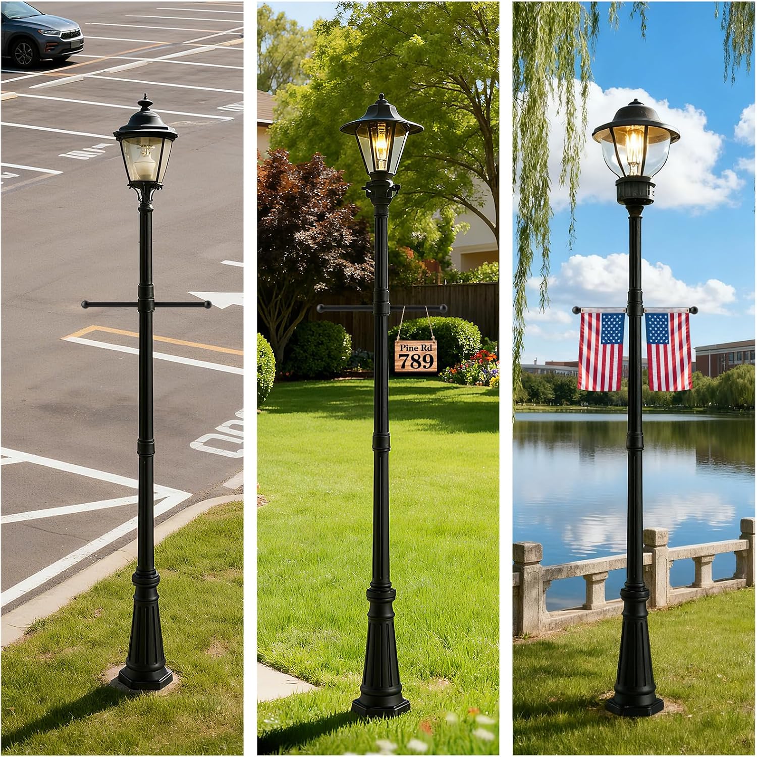 76" Vintage Design Cast Aluminum Lamp Post with Crossbars Matte Black Powder Coated Outdoor Lighting Pole for Porch/Yard/Garden Walkway