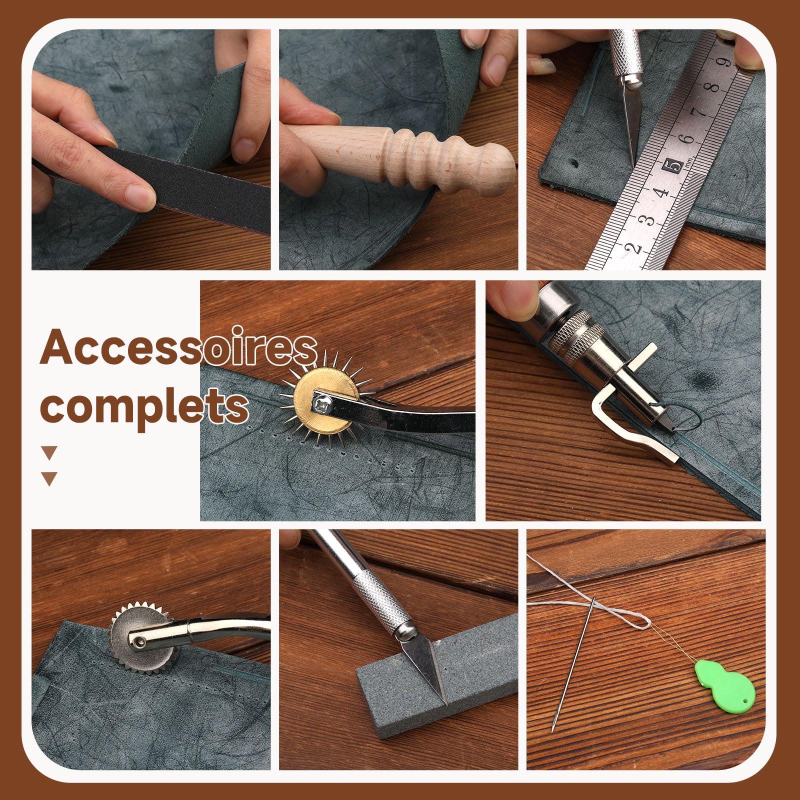 Outils de travail du cuir Outils et fournitures en cuir Kit d'artisanat en avec poinçon à rainurer en fil ciré pour couper le poinçonnage, la couture du et le bricolage