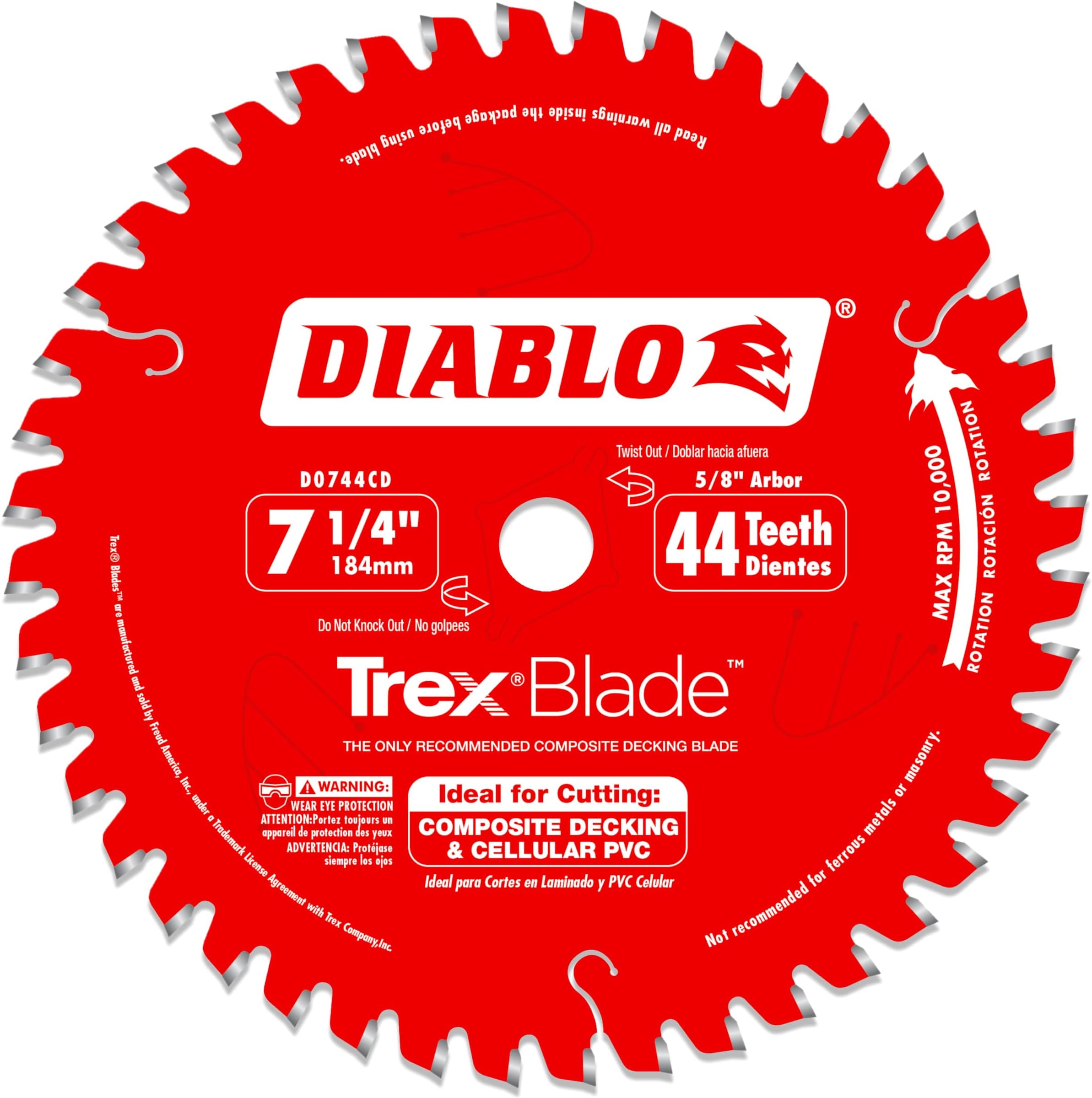 Diablo TrexBlade Saw Blade for Composites and Plastic - 7-1/4" Diameter, 44 MTCG Teeth, 5/8" Arbor, .065" Kerf, -3° Hook Angle, .040" Plate, 10000 Max RPM - D0744CD