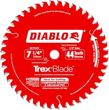 Diablo TrexBlade Saw Blade for Composites and Plastic - 7-1/4" Diameter, 44 MTCG Teeth, 5/8" Arbor, .065" Kerf,3 Hook Angle, .040" Plate, 10000 Max RPM - D0744CD | 7-1/4in Diameter, 44 Mtcg Teeth, 5/8in Arbor, 065in Kerf, 040in Plate,3 Degree Hook, 10