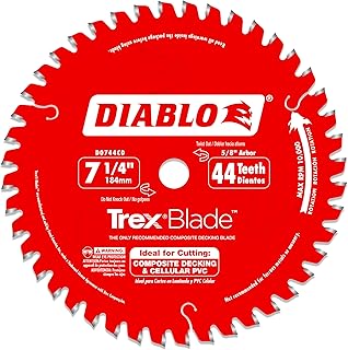 Diablo TrexBlade Saw Blade for Composites and Plastic - 7-1/4" Diameter, 44 MTCG Teeth, 5/8" Arbor, .065" Kerf, -3° Hook Angle, .040" Plate, 10000 Max RPM - D0744CD