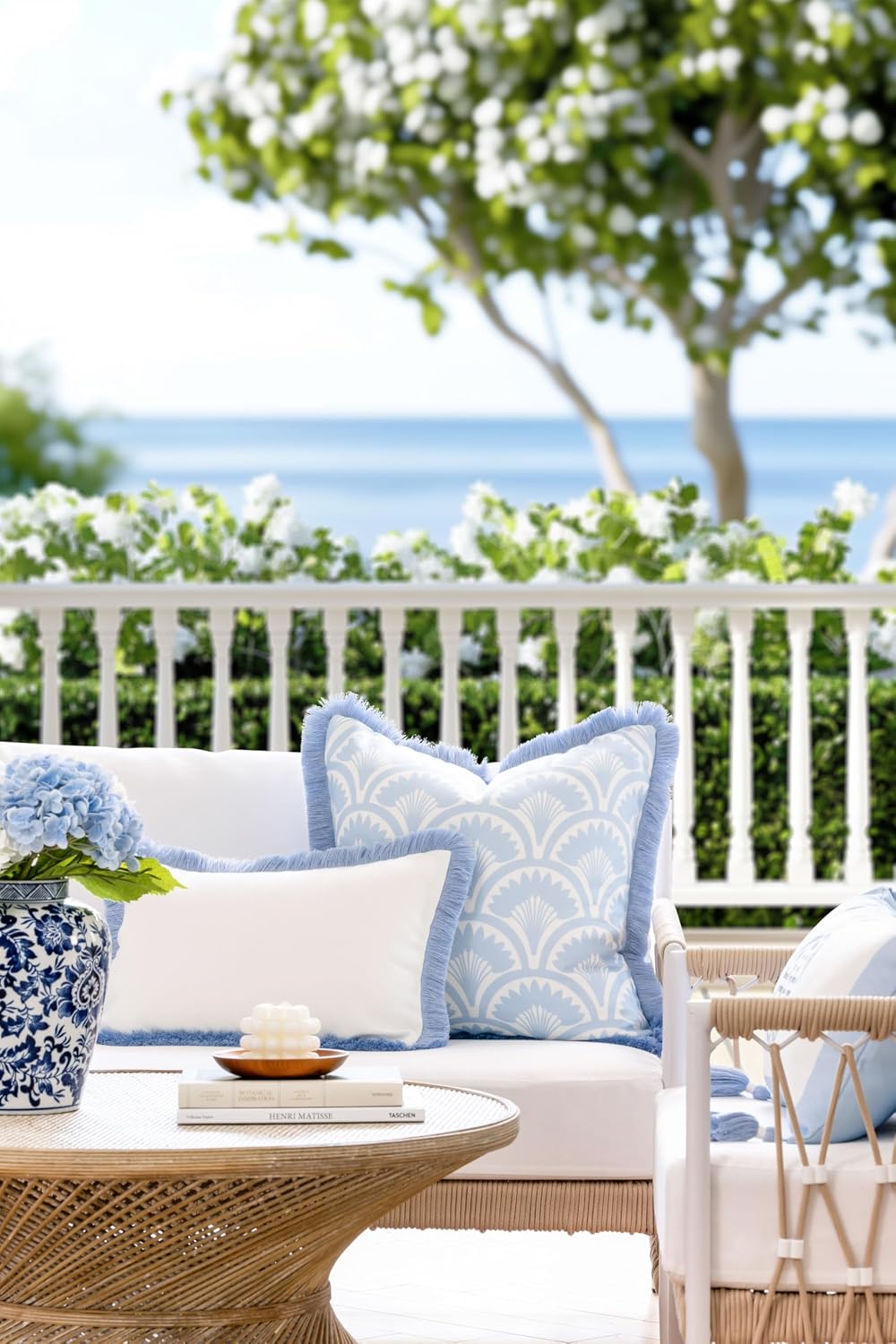 Hofdeco Premium Coastal Grandmillennial Patio Indoor Outdoor Lumbar Pillow Cover Only, 12"x20" Water Repellent for Backyard, Couch, Poolside, White Baby Blue Solid