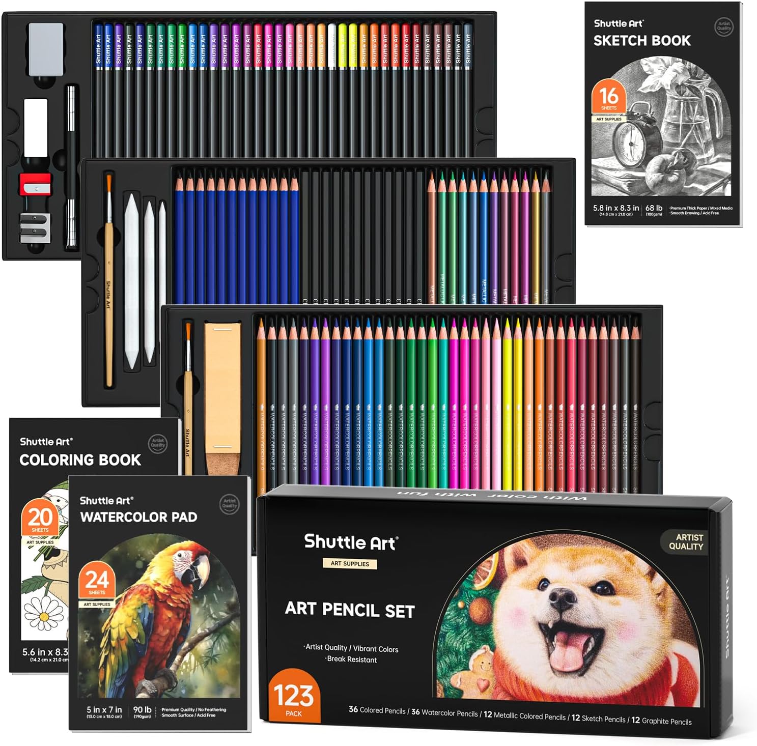 Shuttle Art Professional Drawing Kit, 123 Pieces of Drawing Pencils Set Includes Colouring Pencils, Watercolor, Charcoal, Graphite and Sketch, Ideal for Adults Children Artists