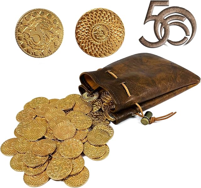 Byhoo 50 D&D Fantasy Metal Gold Coins & Leather Pouch for Dungeons and Dragons Novelty Tabletop RPG Board Games Tokens Treasure Coins for Party Tablelap Games Accessories Addons Medieval Game Retro