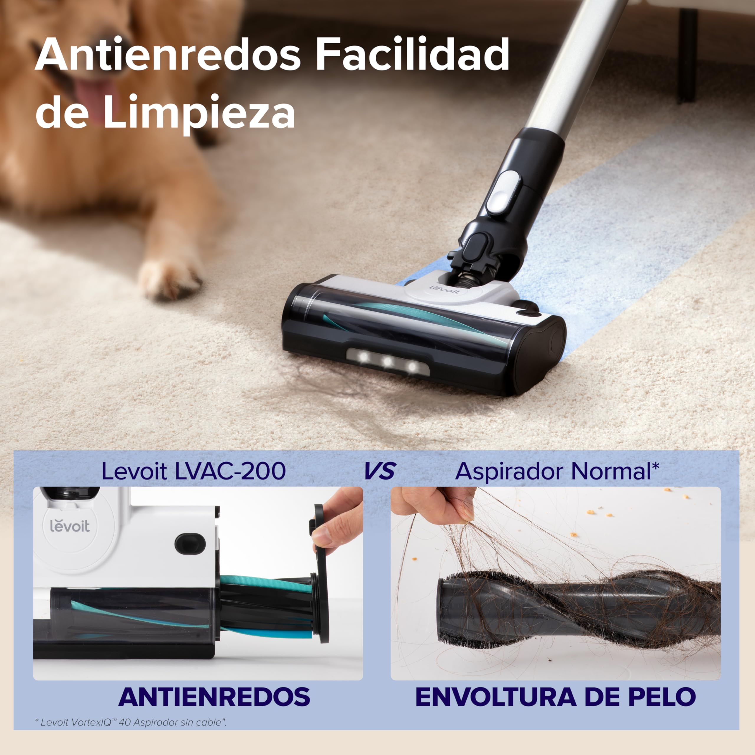 LEVOIT Aspiradora sin Cable, Anti-Enredos, Aspirador Escoba Max 50min, Aspirador sin cable 4 en 1 con Batería Extraíble, 99,9% de Filtración，Aspirador para Mascotas/Alfombras/Coche/Suelos Duros