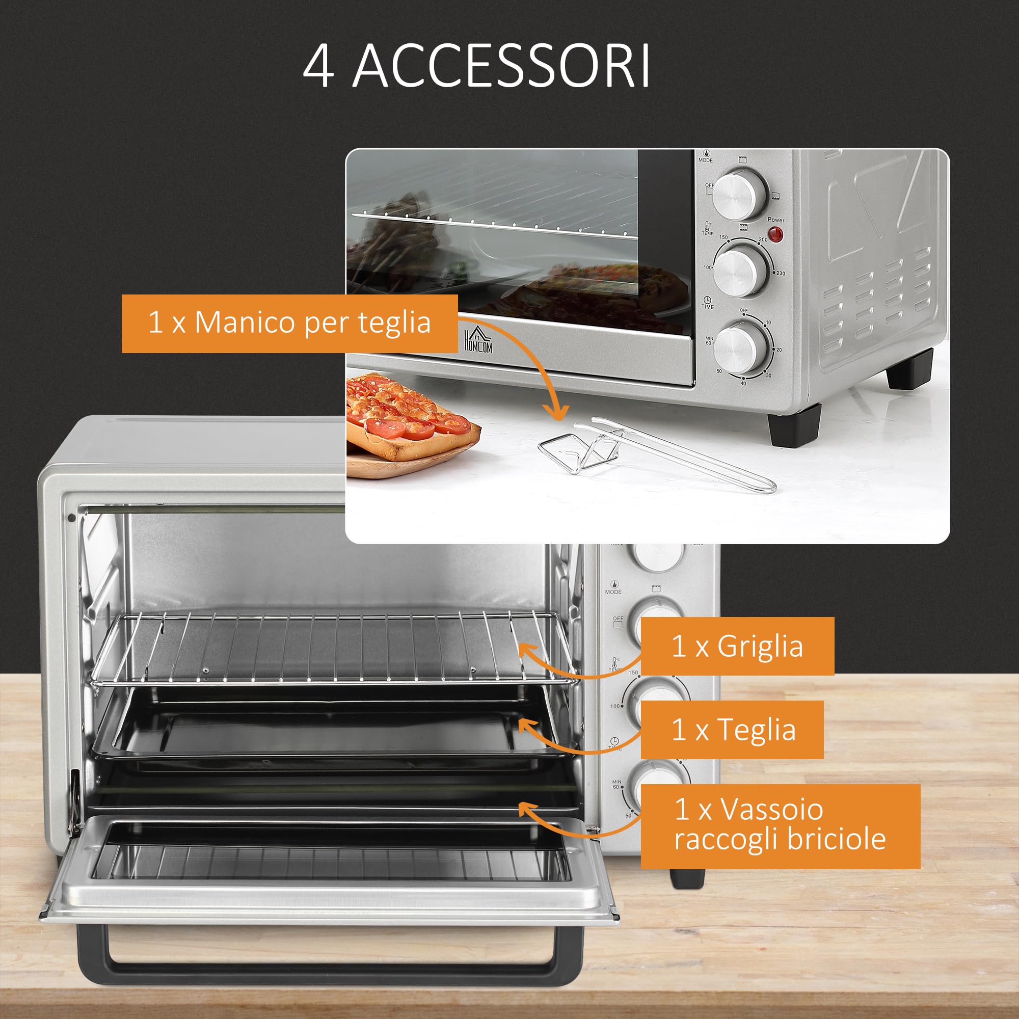 HOMCOM Fornetto Elettrico 32L 1600W con Timer, 52.2x38.1x33.5cm, Argento
