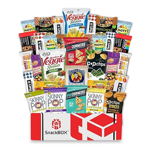 SnackBOX - Paquete de cuidado de aperitivos saludables sin gluten (34 unidades) para estudiantes universitarios, exámenes, 4 de julio, militares,