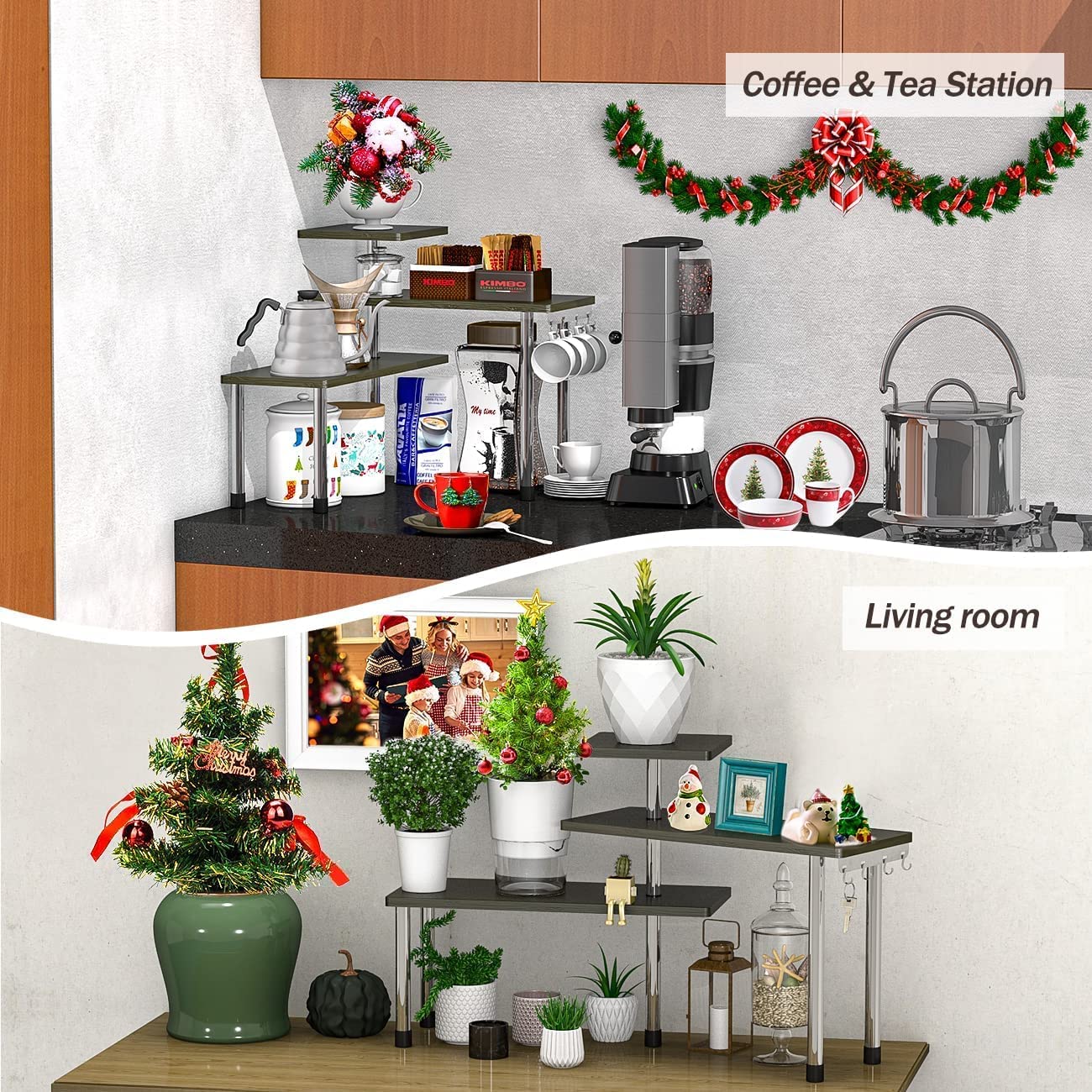 Kitchen Corner Shelf Countertop Organizer - 3 Tier Bamboo & Metal Kitchen Organization Plant Stand Living Room Office, Spice Rack On Counter Shelves, Antique