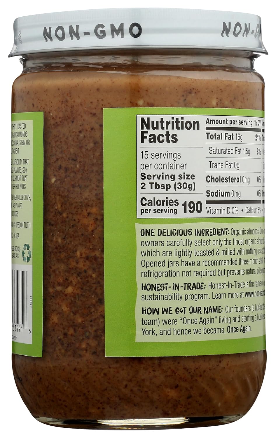 Once Again Organic Crunchy Almond Butter, 16oz - Lightly Toasted - Salt Free, Unsweetened - USDA Organic, Gluten Free Certified, Peanut Free, Vegan, Kosher, Paleo - Glass Jar