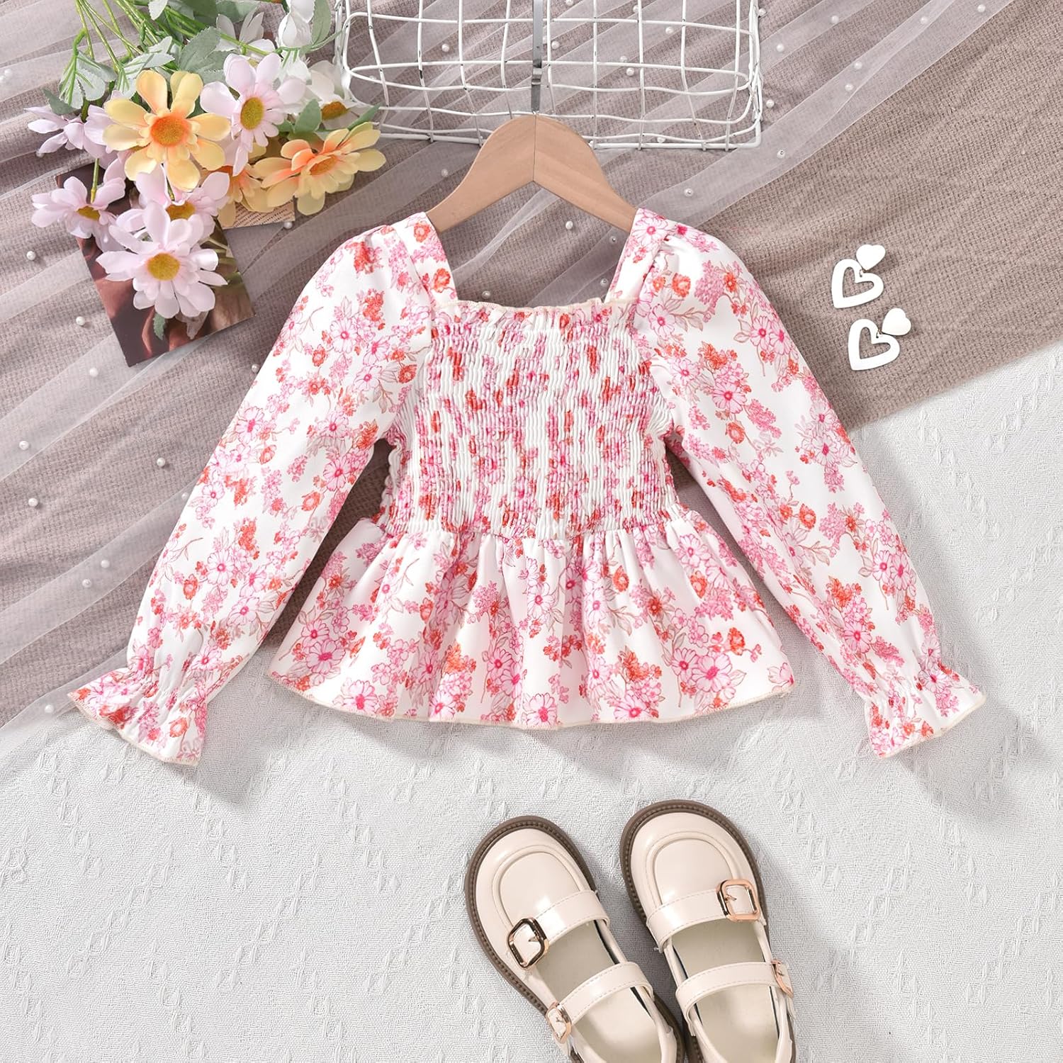 HINTINA Toddler Girl Fall Winter Clothes Long Sleeve Square Neck Smocked Dress Top Denim Jeans Flare Pant Set - Image 5