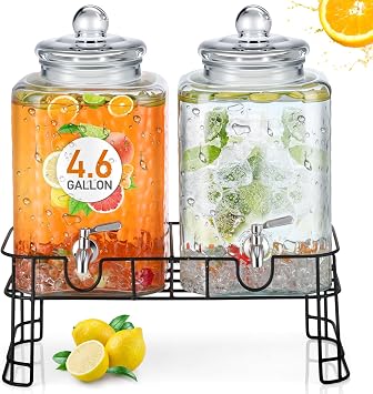 Honeydak 4.6 Gallon Glass Beverage Dispenser with Stand Stainless Steel Spigot Glass Lid Clear Iced Juice Container Leakproof Drink Dispenser Countertop Lemonade Water Jar for Wedding Party 2 Pack