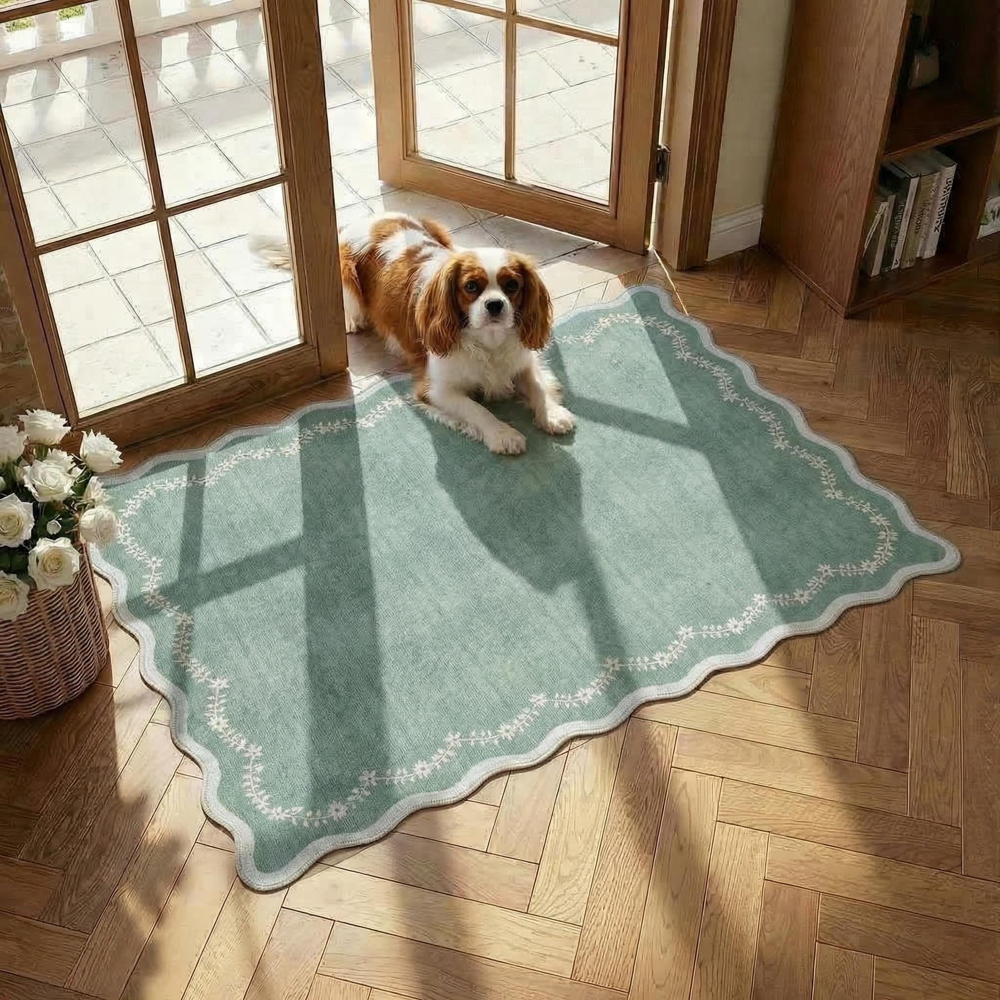 Photo 1 of GarveeHome 6x9 Scalloped Area Rug Sage Green Washable Rugs for Living Room Bedroom, Soft Low Pile Non Slip Accent Floor Mat Solid Floral Print Throw Rug Farmhouse Indoor Carpet for Dorm Playroom