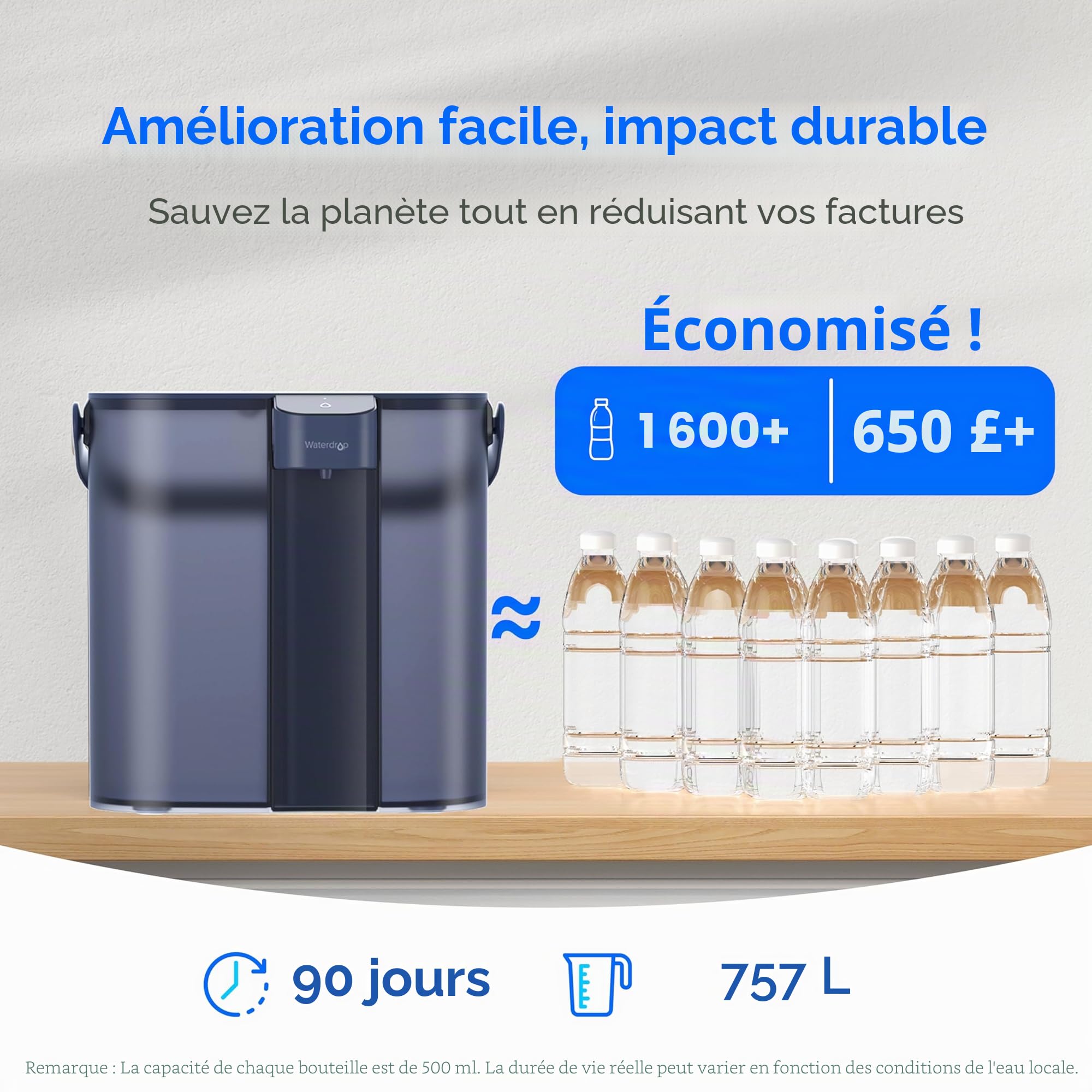 Waterdrop Carafe Filtrante Électrique Instantanée pour Réfrigérateur avec Filtre de 3 Mois, Système de Filtre à Eau de Comptoir, Réduit le Chlore, Plomb, Mercure, Réduit les PFAS, 757 Litres, Bleu