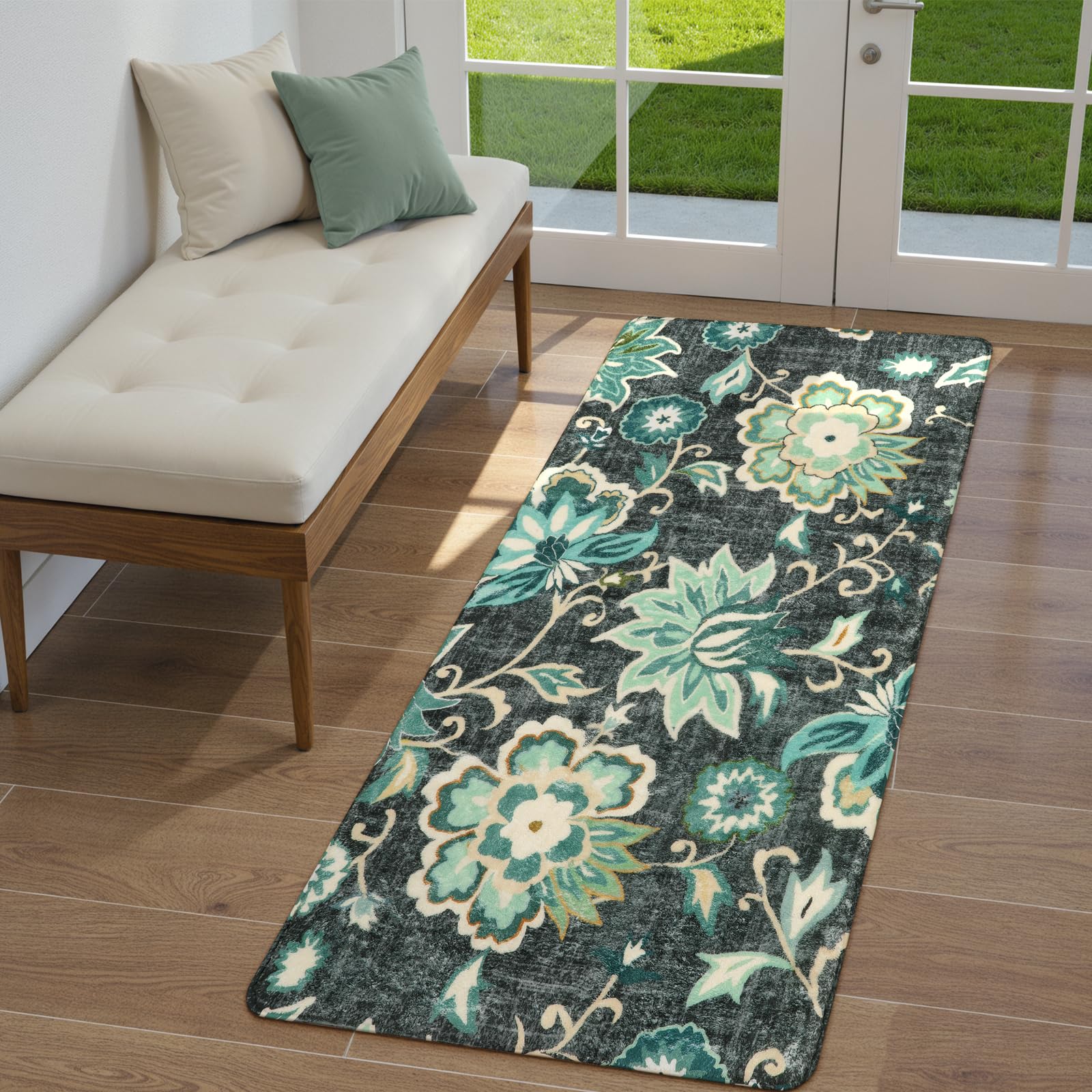 Lahome Floral Washable Rugs Runners - 2x4 Area Rug Low-Pile Non-Slip Rugs for Entryway Runner Small Throw Soft Bathroom Rug Runner Bedside Rug, Boho