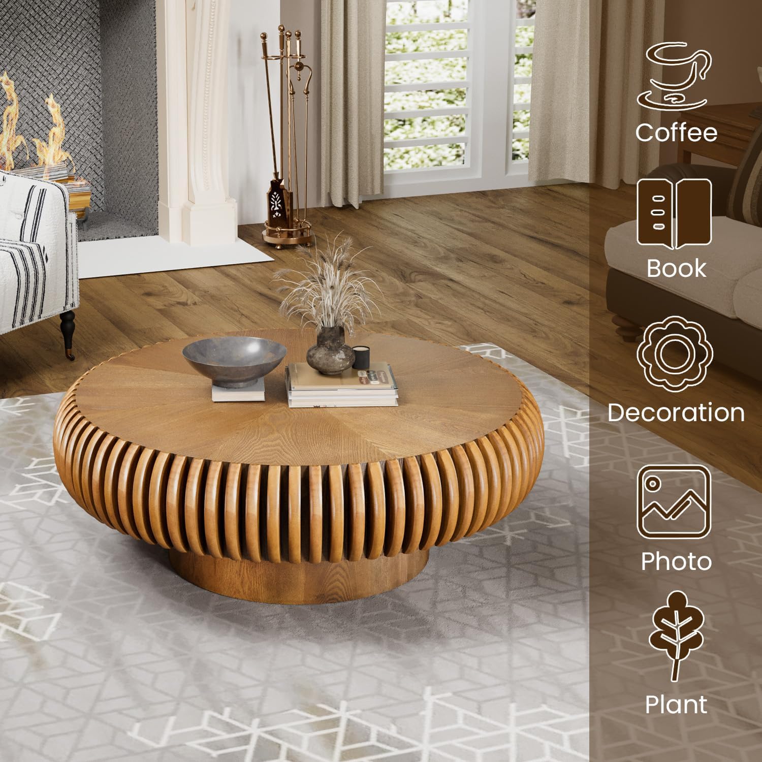 WXFKLDJ Mesa De Centro De Tambor De 80Cm, 31.5" Round Brown | Moderna Y Única, Con Diseño Acanalado, Redonda Y Contemporánea De Madera, Ideal Para Sala De Estar, En Nogal