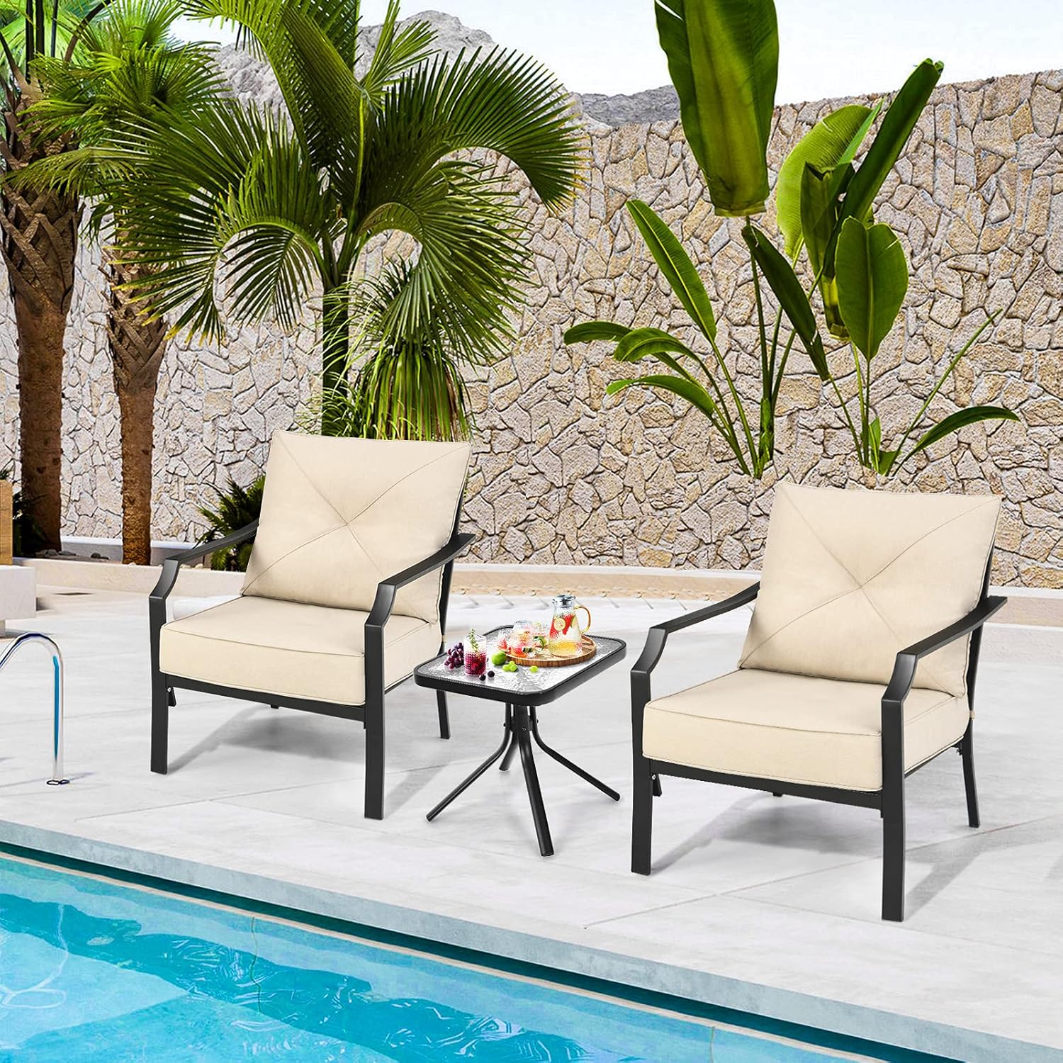 Tangkula 2 Pieces Patio Dining Chairs, Outdoor Bistro Armchairs with Steel Frame, Thick and Soft Cushions, Garden Dining Chairs Set for Porch, Backyard, Balcony (Beige)