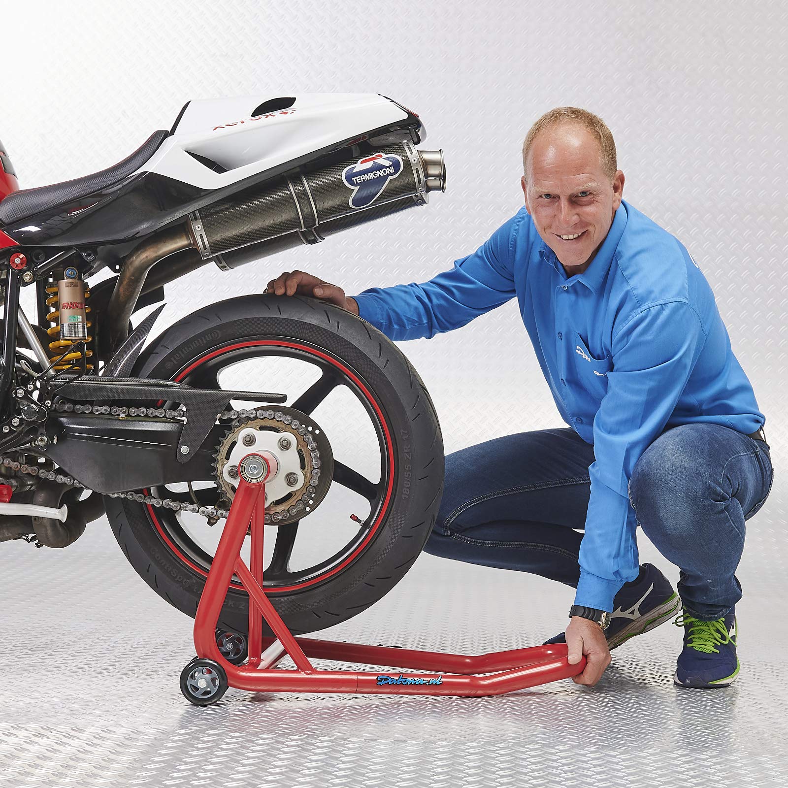 Einarm Motorrad Montageständer - Hinterradständer für einseitige Schwinge mit 21,7 & 25,7 mm Aufnahme - 200 kg Tragkraft, 4 Rollen, Schwarz