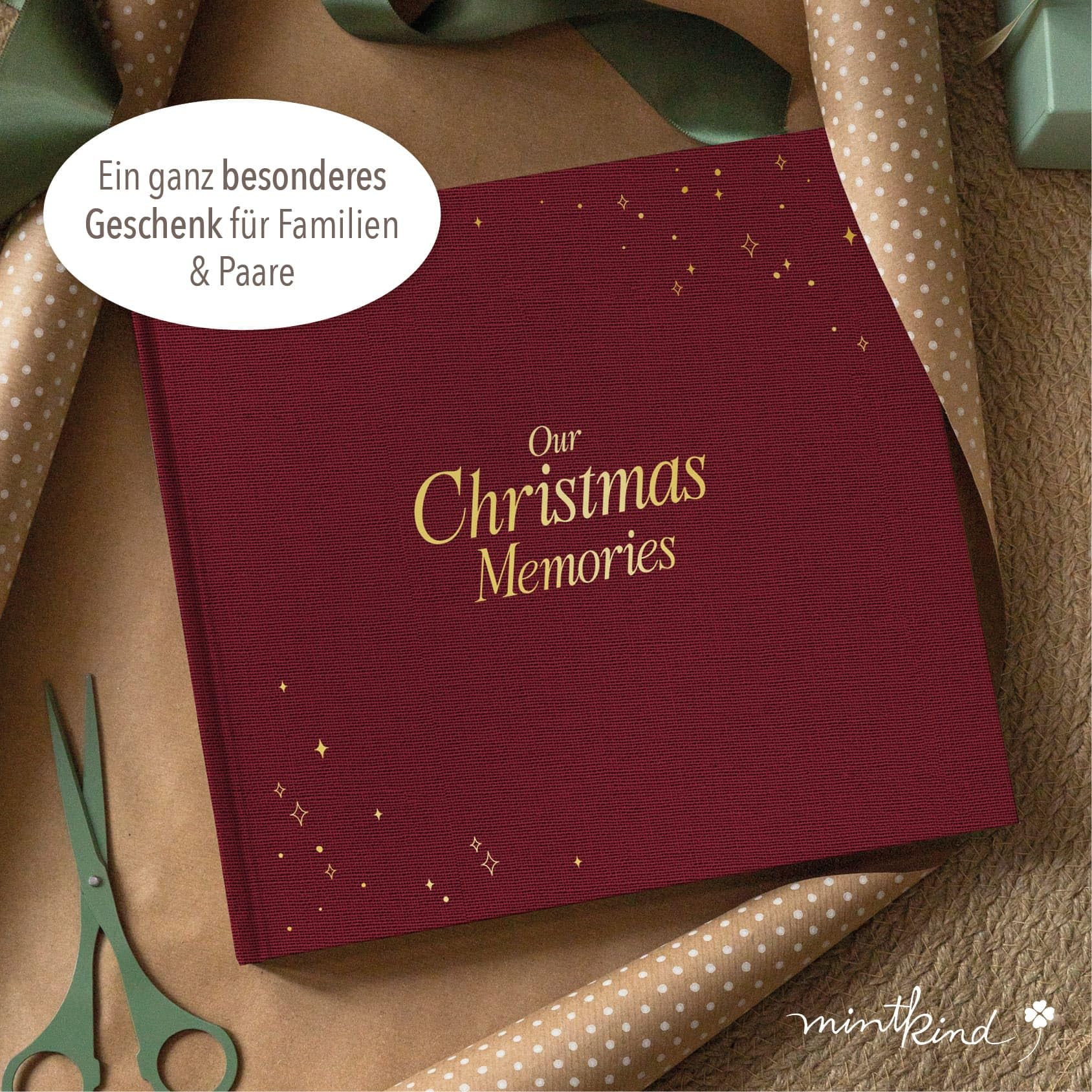 mintkind® Erinnerungsbuch Familie Weihnachten, Fotobuch 10 Jahre Weihnachtszauber mit Platz für Fotos Rezeptseiten Ritualen Notizen, Premium Papier, Leinen-Hardcover, 24x22 cm, Rot