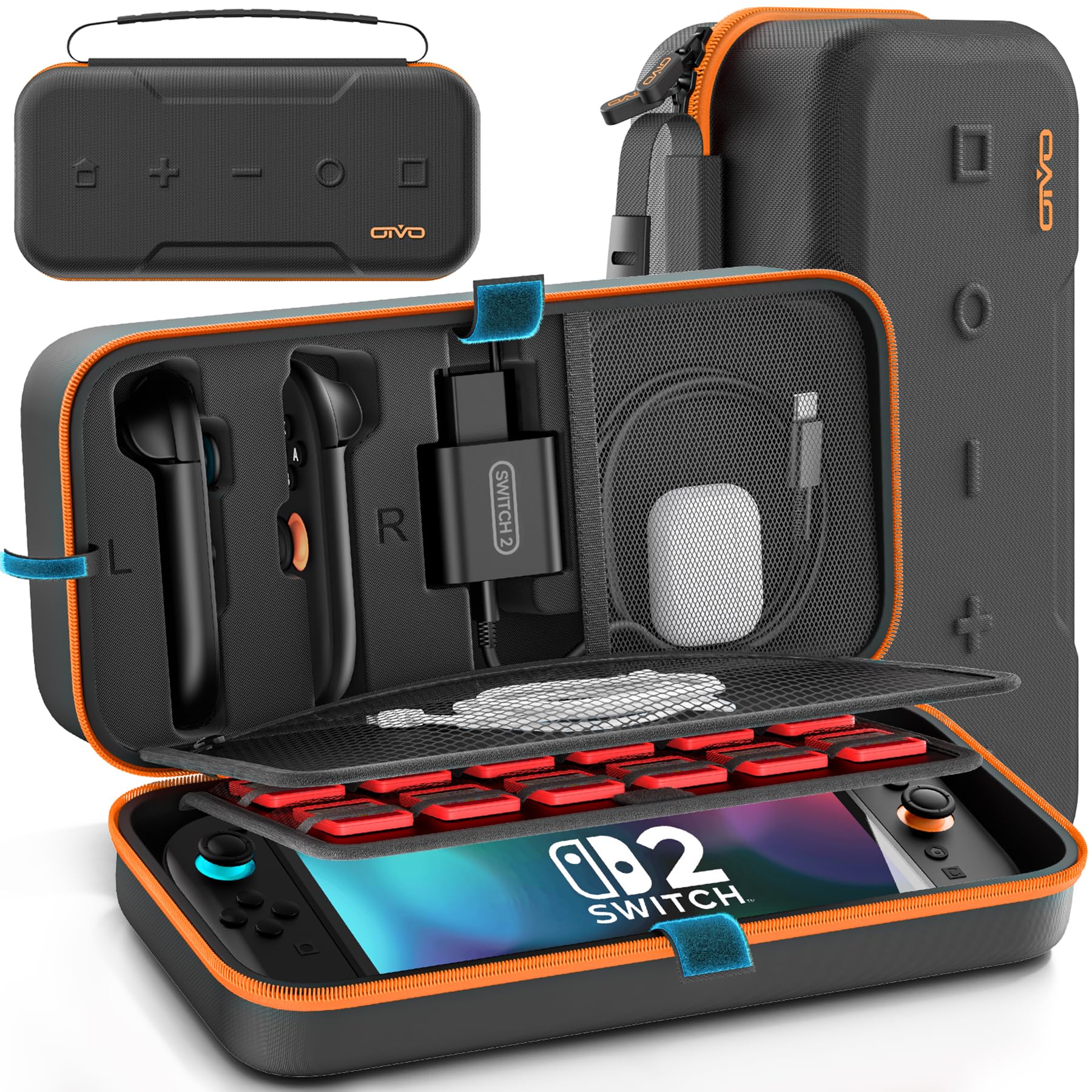 OIVO Switch 2 Tasche für Nintendo Switch 2 Modell, große Tragetasche für Joycon und EU Netzteil, Harte Hülle mit Aufbewahrung für 24 Spiele & Zubehör, Orange