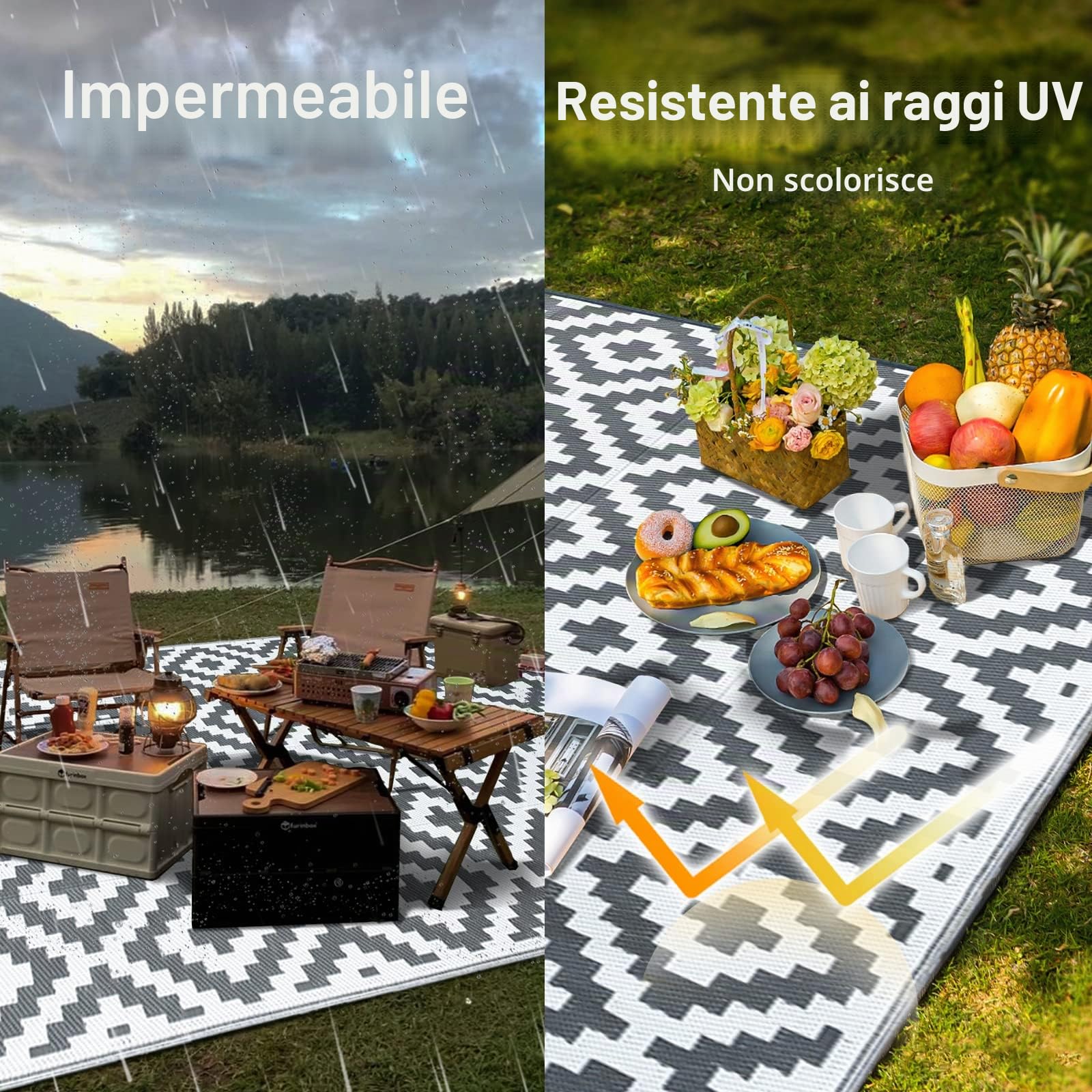 CHOSHOME Tappeto da Giardino Impermeabile 120x180CM Portatile Resistente ai Raggi UV in Plastica Riciclata per Interno ed Esterno - Balcone, Picnic, Spiaggia - Grigio