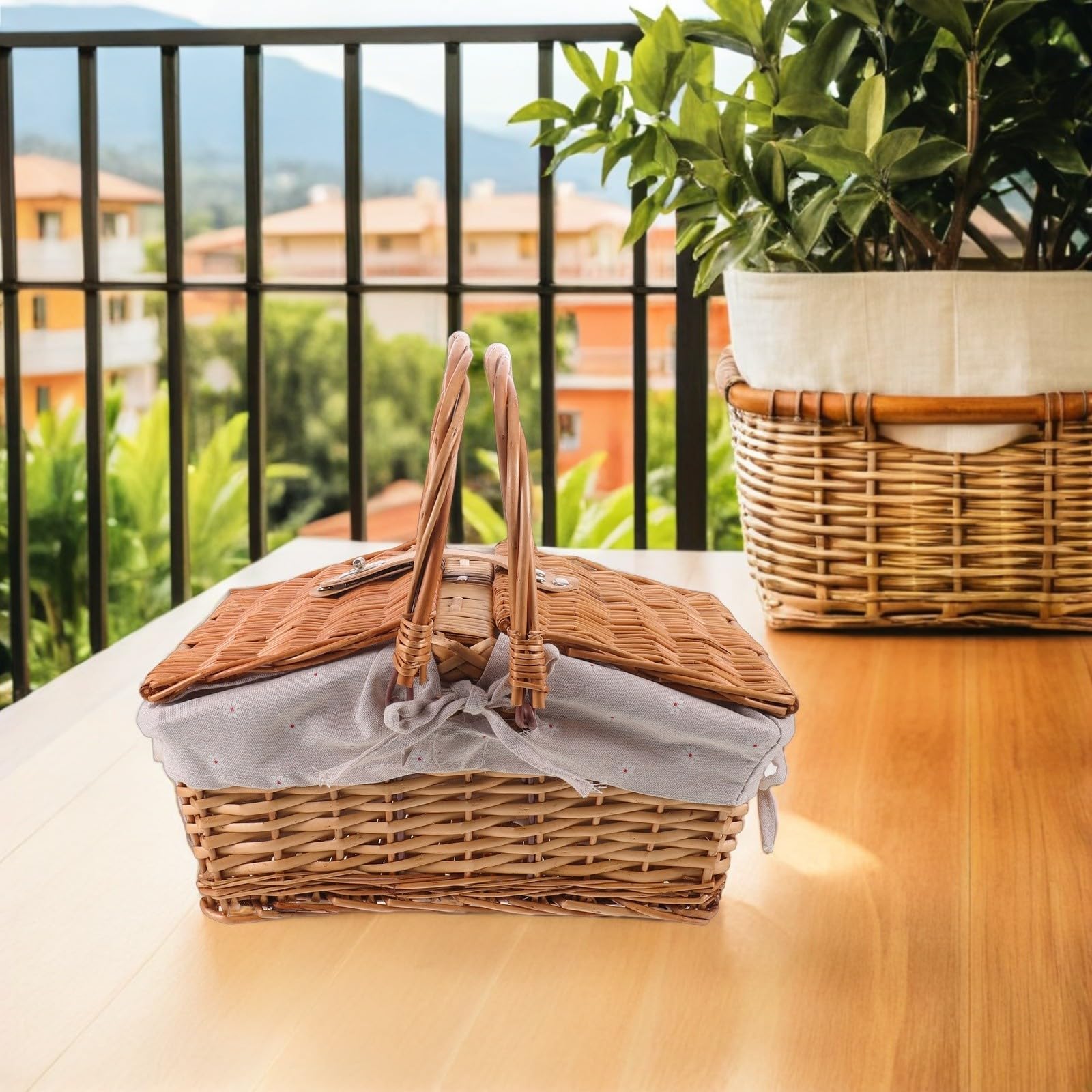 Cesta de Picnic de Mimbre Portátil con Tapa y Asas Marrón