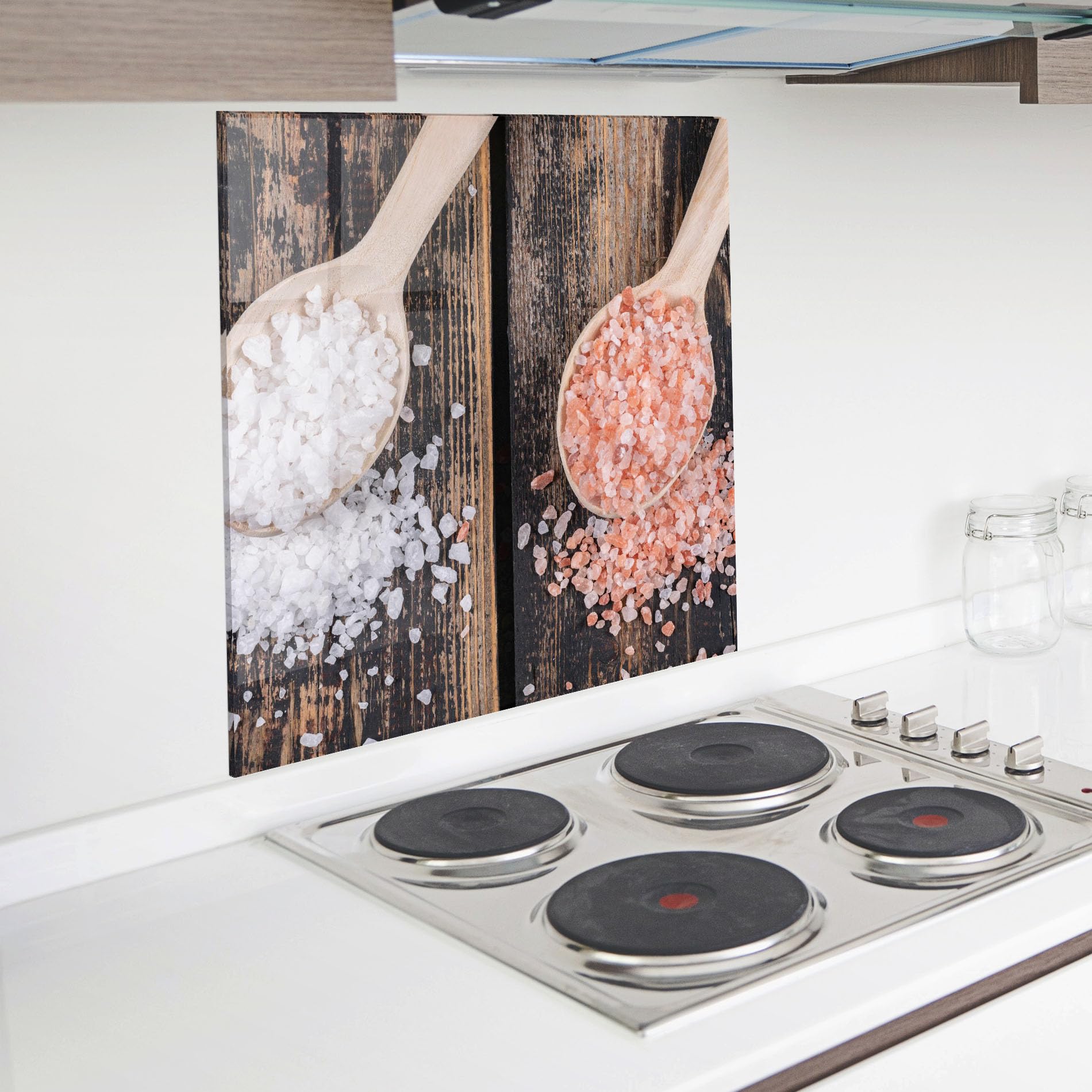 ARTHUB® Panel de Vidrio para Cocina 100x100 cm, 4mm Vidrio Templado | Protección contra Salpicaduras, Protección contra Salpicaduras para Cocina, Alimentos, Wooden Spoons Sea Salt