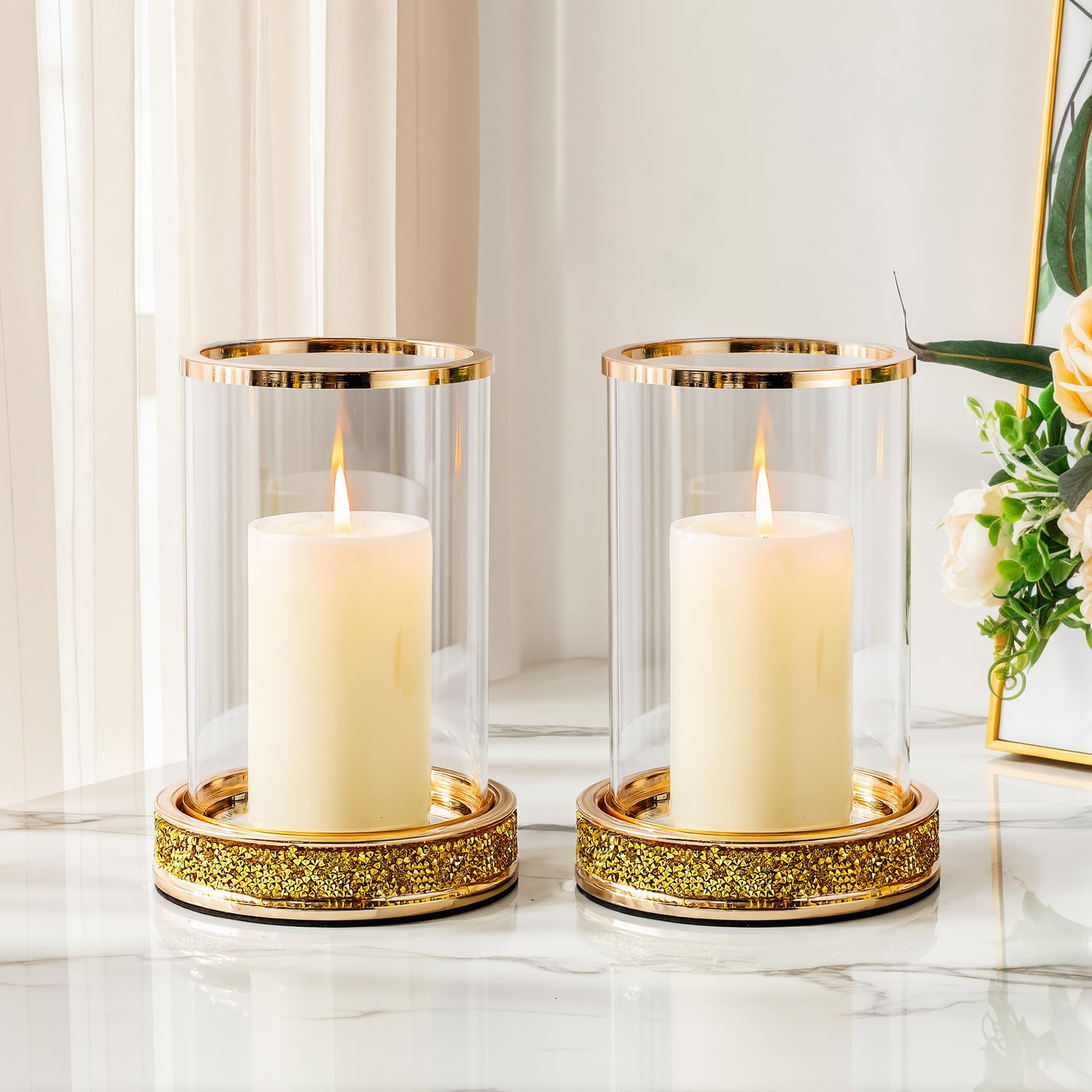 Pillar Candle Holder with Tempered Glass Panels, Hurricane Candle Stand for centerpiece crystal decoration for table wedding