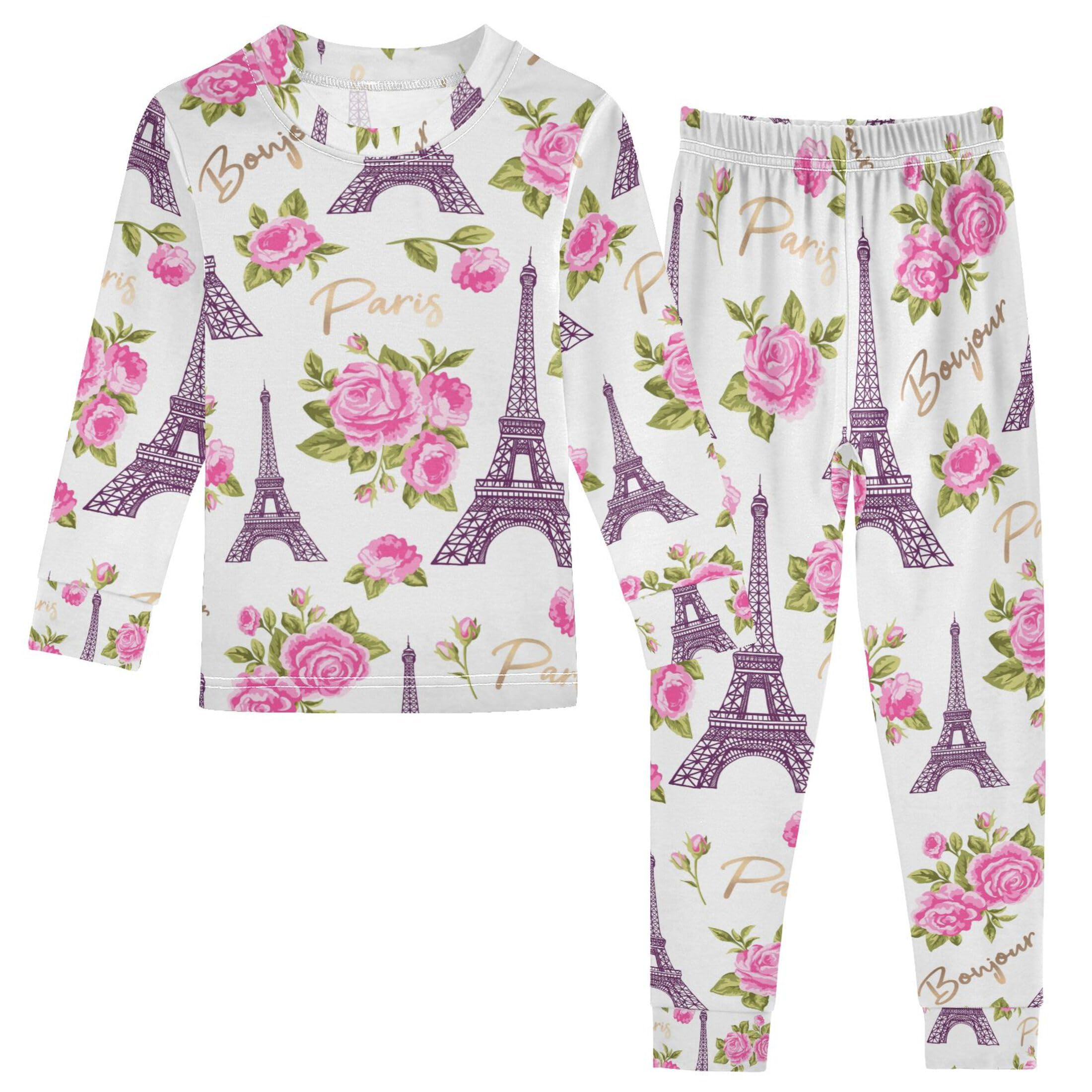 Vozoza Paris Eiffel Tower Flower Pajama Sets Long Sleeve Top with Pants Cotton Soft Sleepwear 2 Piece Pjs Set Size 5T