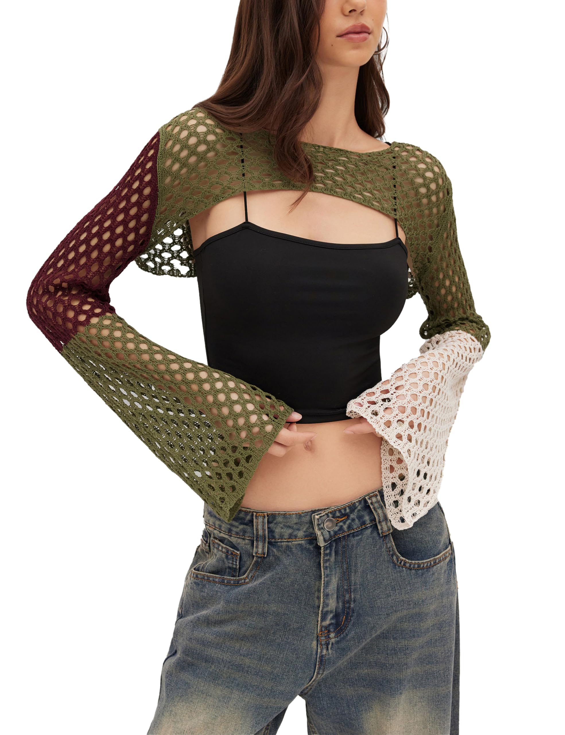 Womens Crochet Crop Tops Shrugs Hollow Knit Bolero Shrugs Sweater Y2K Bell Sleeve Sweaters