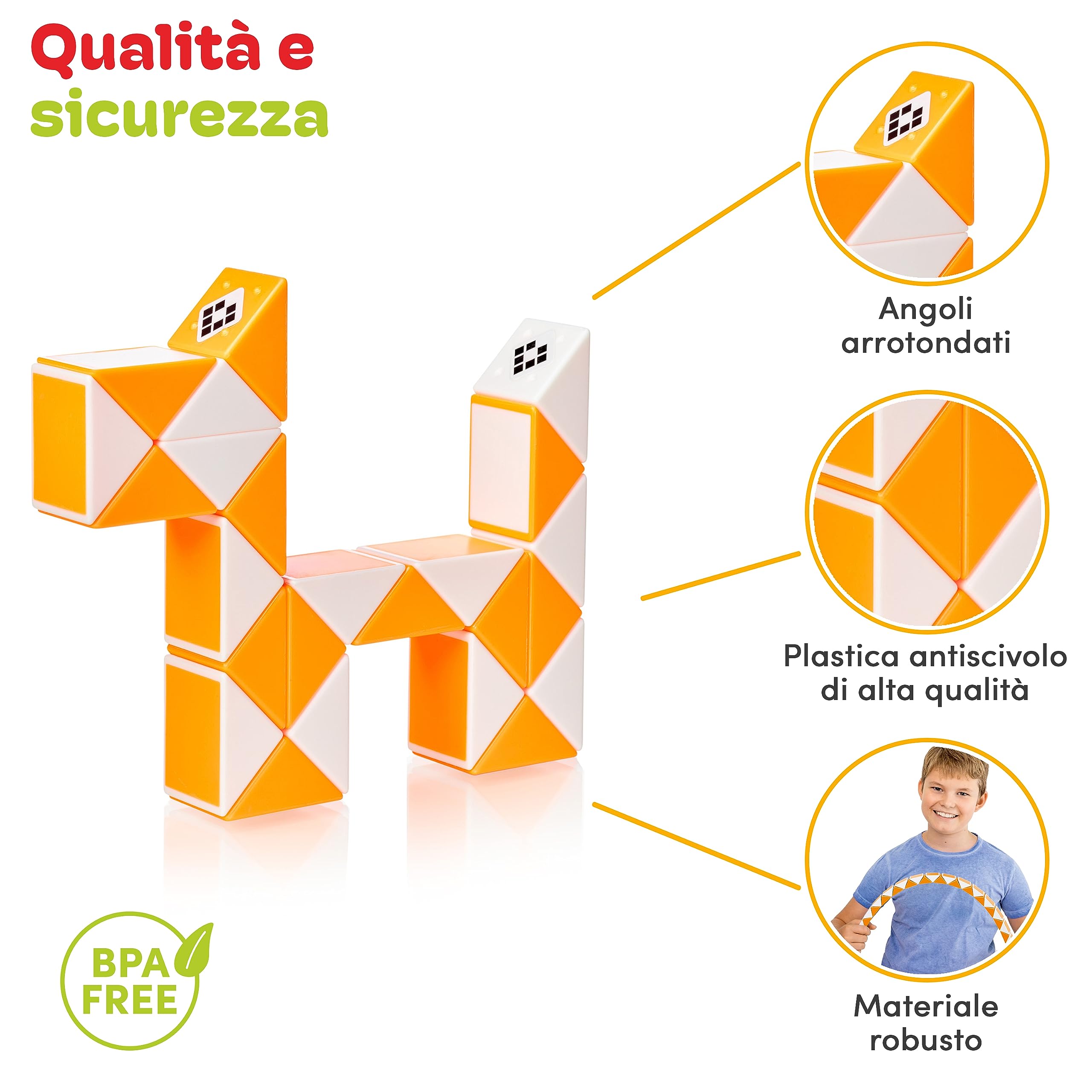 CUBIDI® Mini Serpenti Magici Puzzle – Gadget Regalo di Compleanno bambini, Regalini Festa Bambini – Serpente Giocattolo, Gioco Rompicapo Bambini e Adulti, Magic Snake - 24 Blocchi (Arancio)
