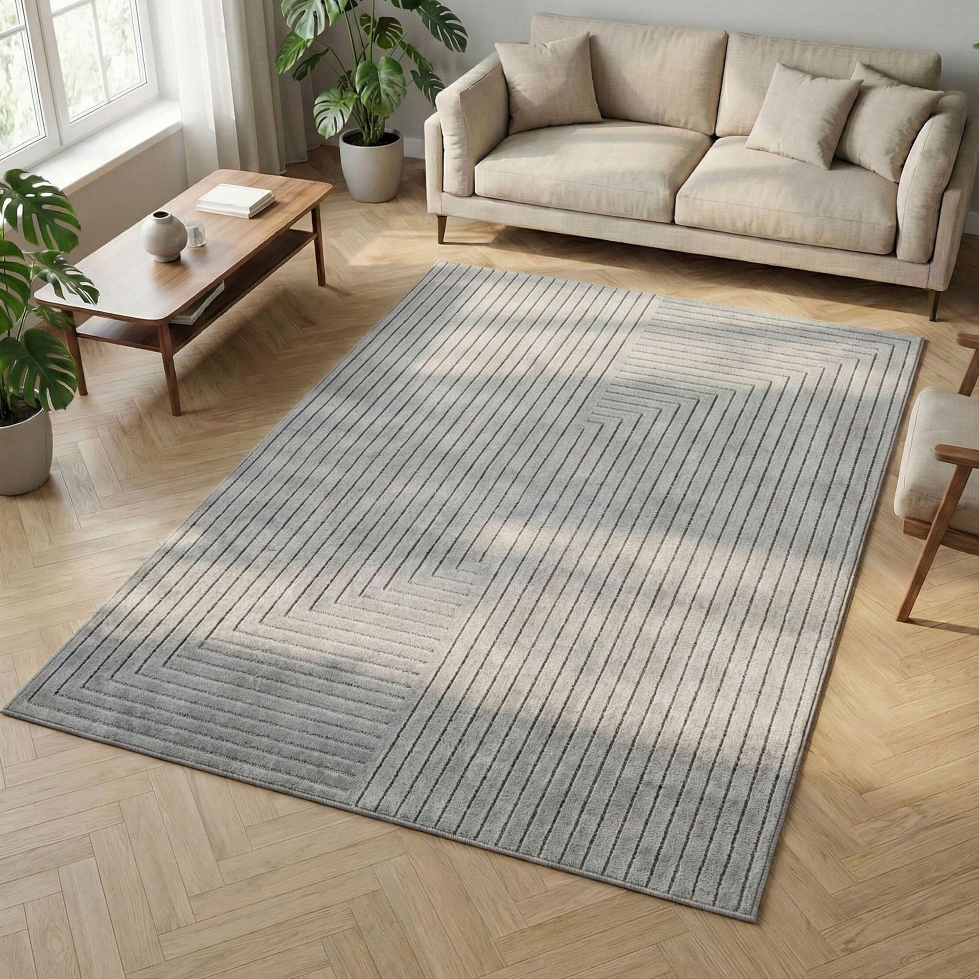 Carpetsale24 Kurzflor Teppich Beige Wohnzimmer Schlafzimmer 3D Hoch-Tief-Effekt, Skandinavisch Boho Motiv, für Outdoor Bereich geeignet Terrassen oder im Balkon
