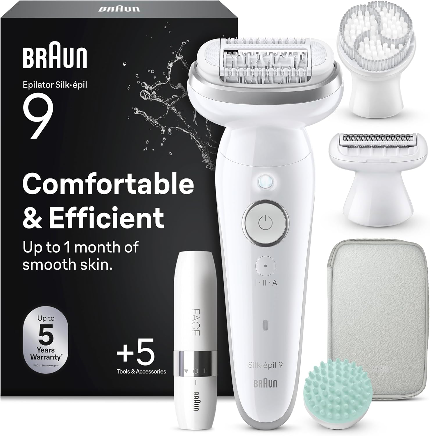 Braun Silk·épil 9 SkinSpa Epilator, All-in-One Set, Electric Hair Remover with Pivoting Head, Wet & Dry Lady Shaver, with Exfoliation Brush, Massage Pad and Grooming Attachments, Silver 9-381