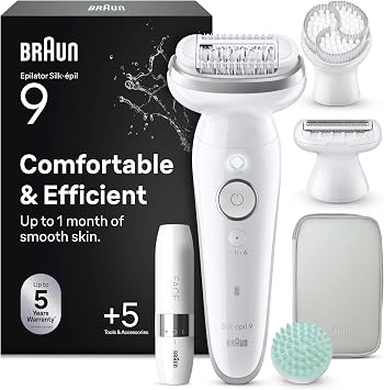 Braun Silk pil 9 SkinSpa Epilator, All-in-One Set, Electric Hair Remover with Pivoting Head, Wet & Dry Lady Shaver, with Exfoliation Brush, Massage Pad and Grooming Attachments, Silver 9-381