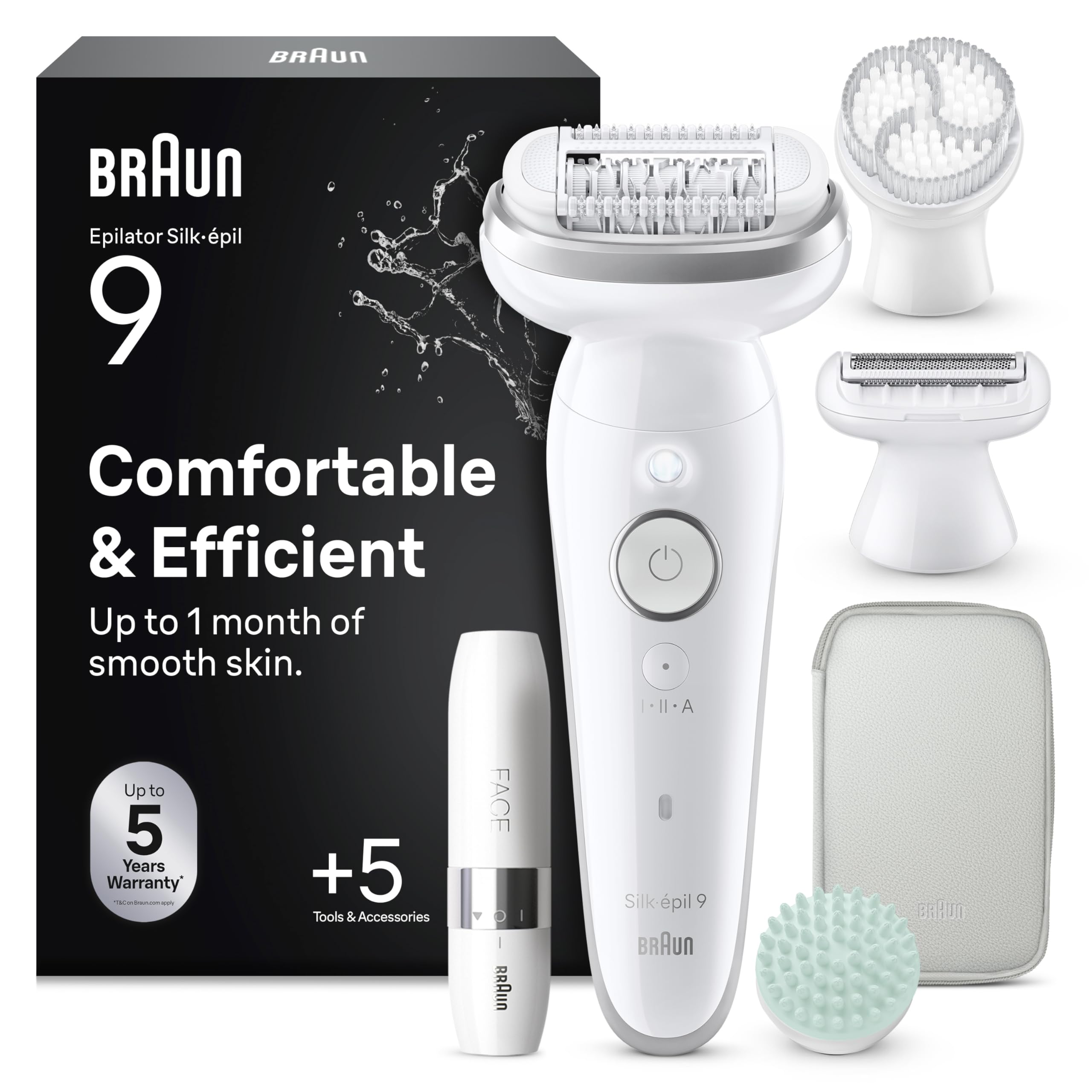 Braun Silk·épil 9 SkinSpa Epilator, All-in-One Set, Electric Hair Remover with Pivoting Head, Wet & Dry Lady Shaver, with Exfoliation Brush, Massage Pad and Grooming Attachments, Silver 9-381